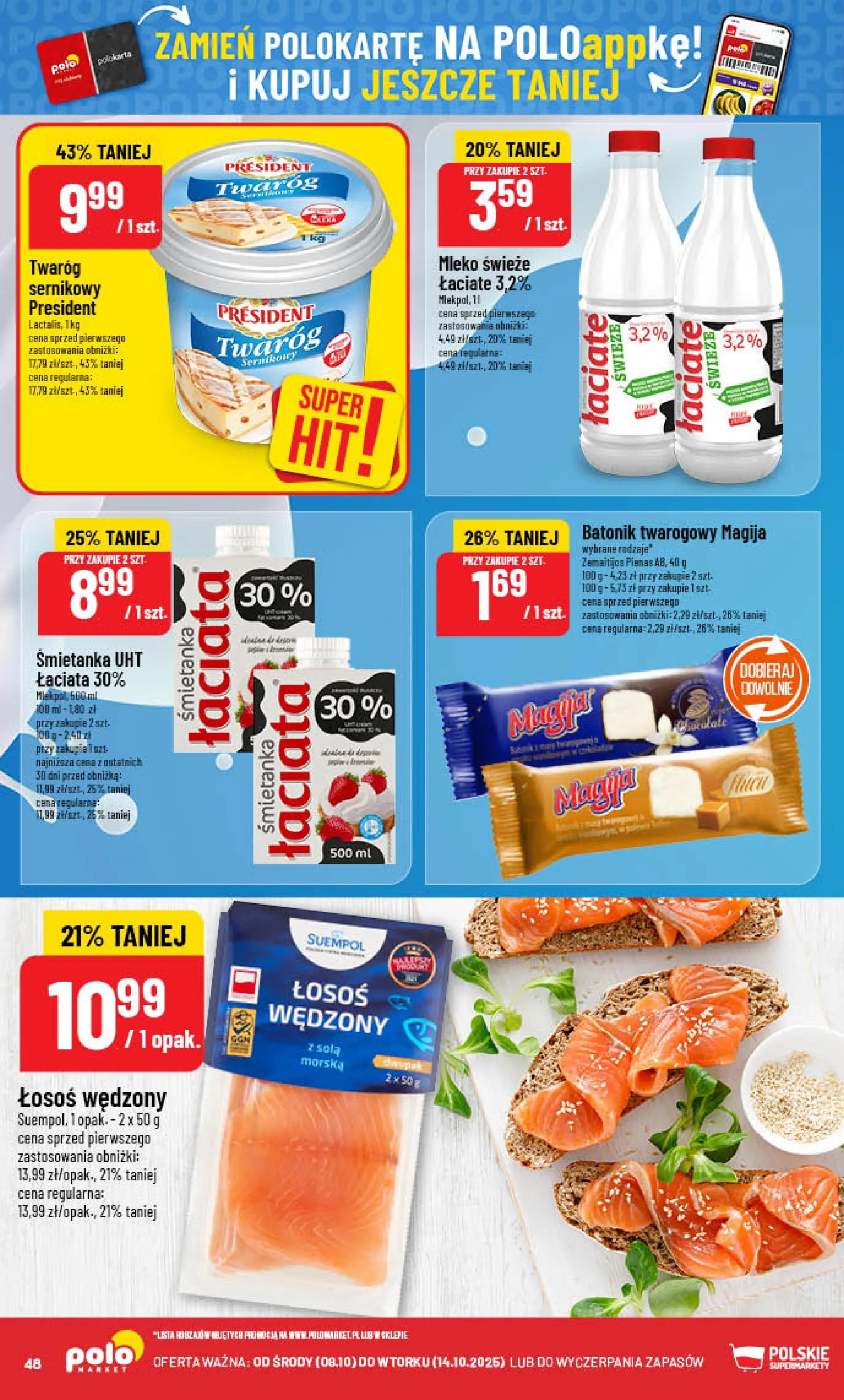 POLOmarket gazetka od jutra (08.10.2025) - Nowa PDF | Strona: 48 | Produkty: Łosoś wędzony, Łosoś, Mleko, Twaróg