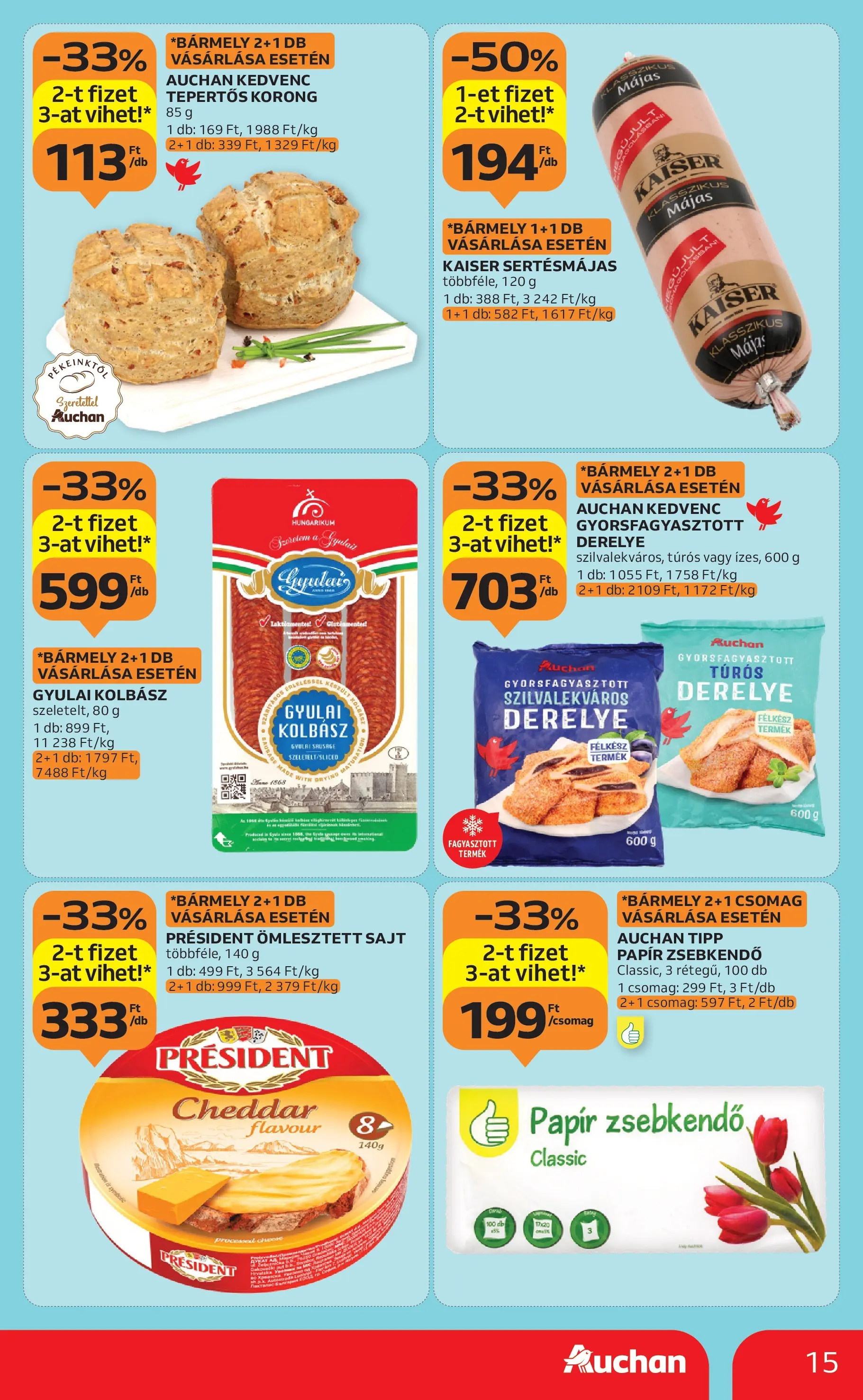 Auchan Akciós újság Szeged - 2025.10.09. -tól/töl > akció, lapozható szórólap 🛍️ | Oldal: 15 | Termékek: Kolbász, Gyulai kolbász, Sajt, Cheddar