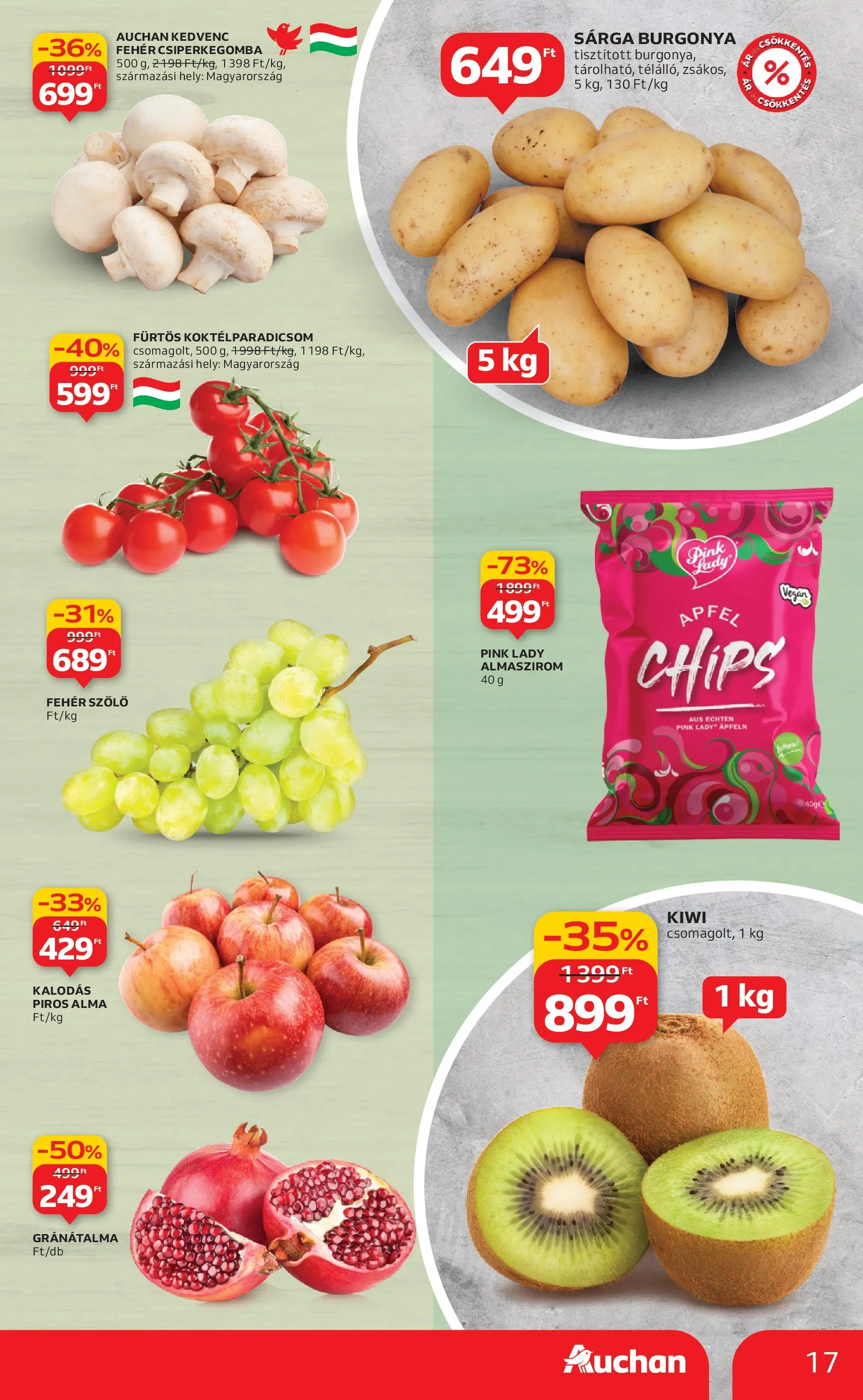 Auchan Akciós újság Szeged - 2025.10.09. -tól/töl > akció, lapozható szórólap 🛍️ | Oldal: 17 | Termékek: Csiperkegomba, Chips, Alma, Kiwi