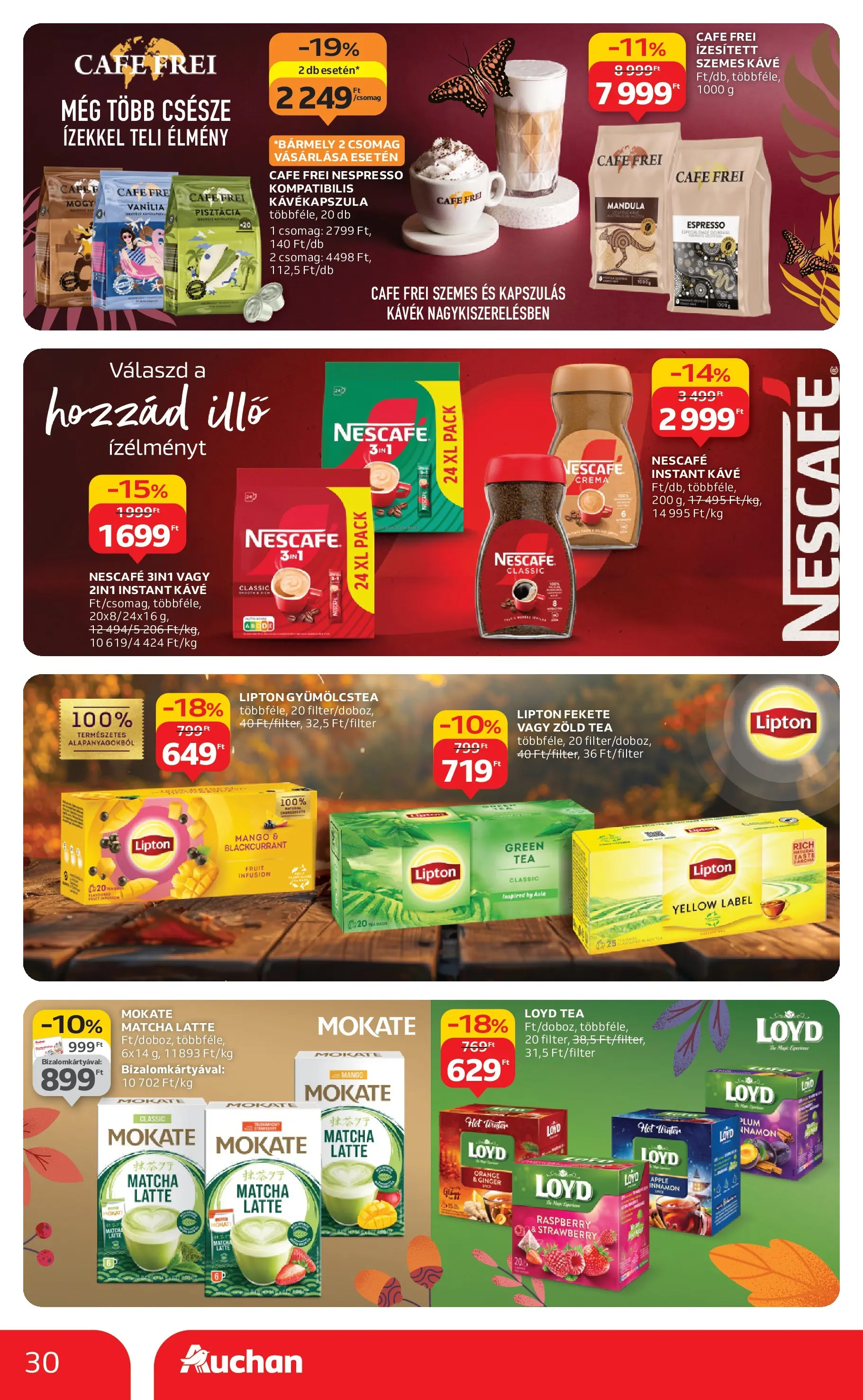 Auchan Akciós újság Szeged - 2025.10.09. -tól/töl > akció, lapozható szórólap 🛍️ | Oldal: 30 | Termékek: Pisztácia, Mandula, Tea, Instant kávé