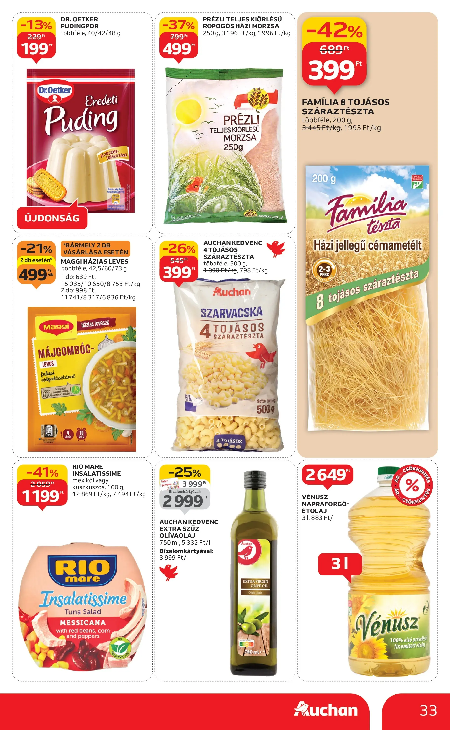 Auchan Akciós újság Szeged - 2025.10.09. -tól/töl > akció, lapozható szórólap 🛍️ | Oldal: 33 | Termékek: Pudingpor, Száraztészta, Cérnametélt, Olívaolaj