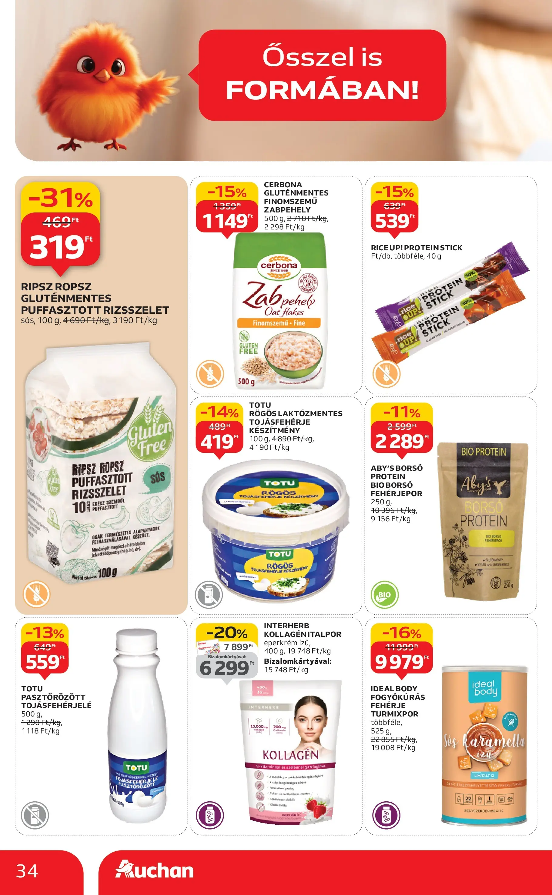 Auchan Akciós újság Szeged - 2025.10.09. -tól/töl > akció, lapozható szórólap 🛍️ | Oldal: 34 | Termékek: Zabpehely, Puffasztott rizsszelet, Fehérje, Tojásfehérje