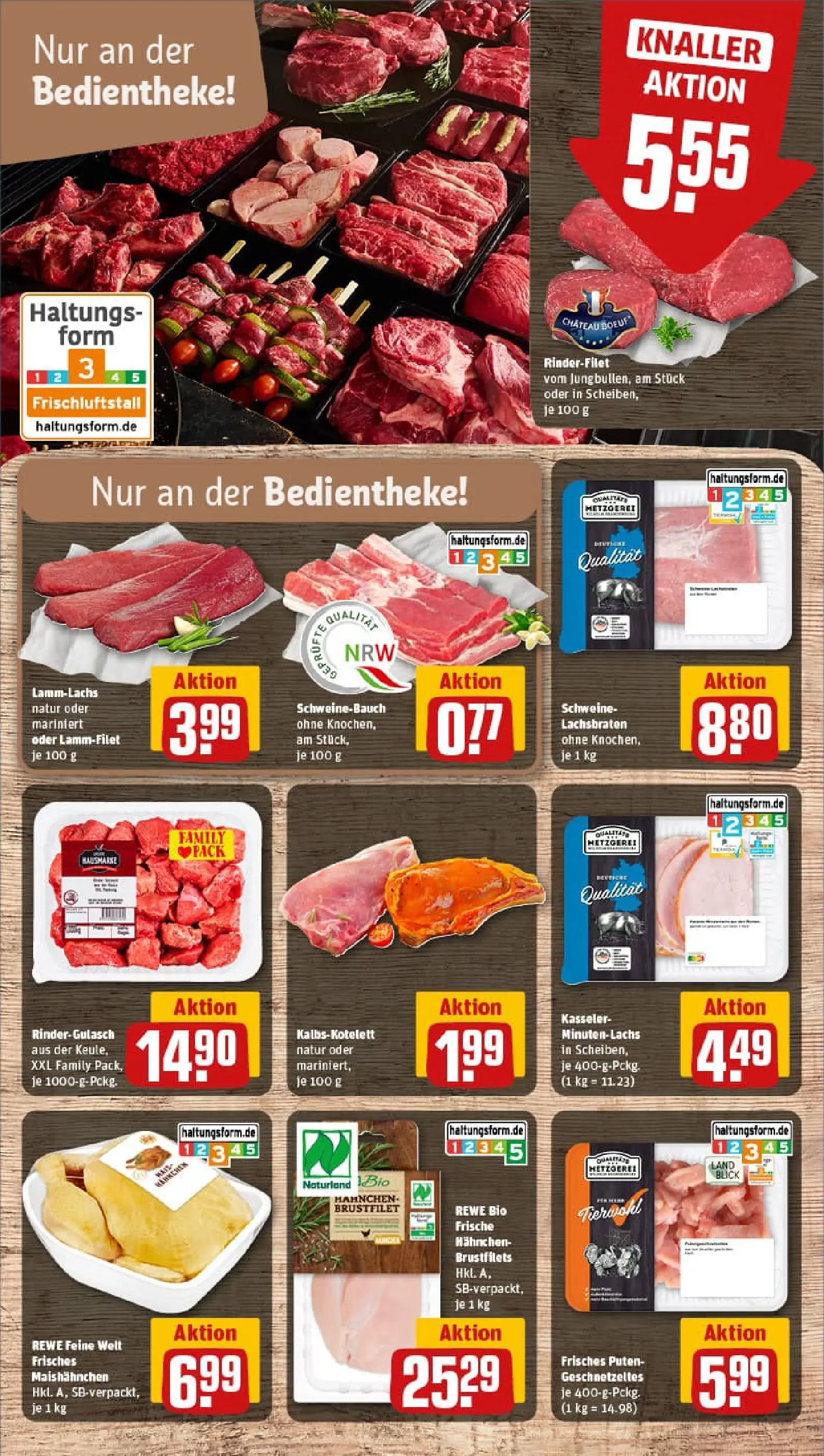 REWE Prospekt ab 13.10.2025 zum Blättern » Angebote | Seite: 8 | Produkte: Hahnchen, Schweinebauch, Lachs, Gulasch