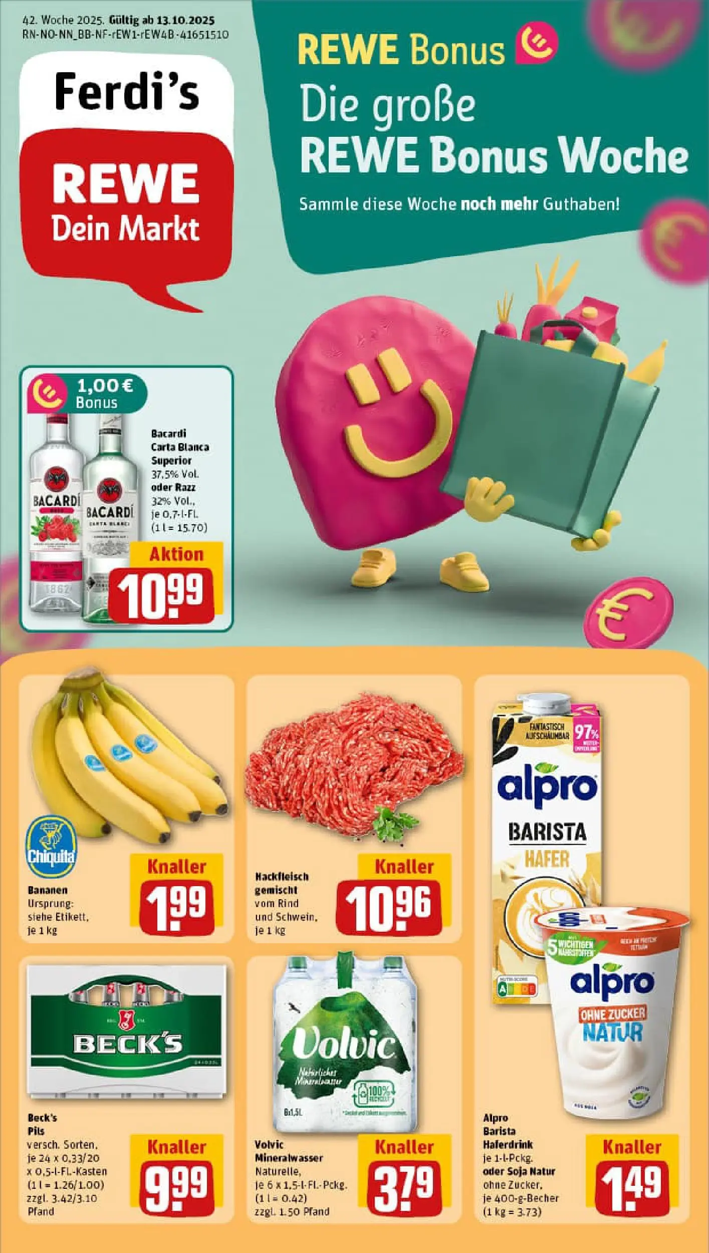 REWE Prospekt ab 13.10.2025 zum Blättern » Angebote | Seite: 1 | Produkte: Alpro, Zucker, Volvic, Hackfleisch