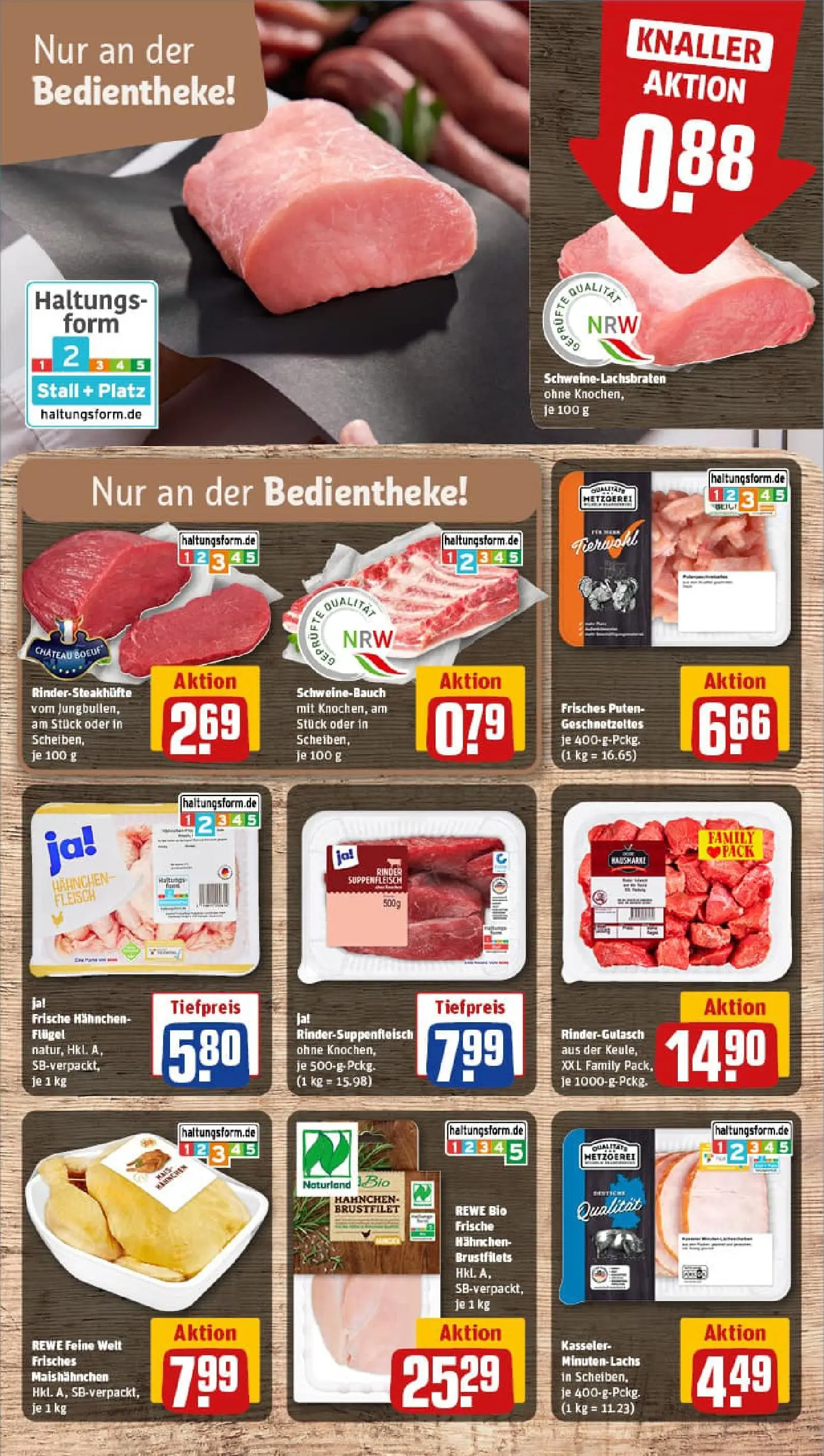 REWE Prospekt ab 13.10.2025 zum Blättern » Angebote | Seite: 8 | Produkte: Rindergulasch, Hahnchen, Suppenfleisch, Steak