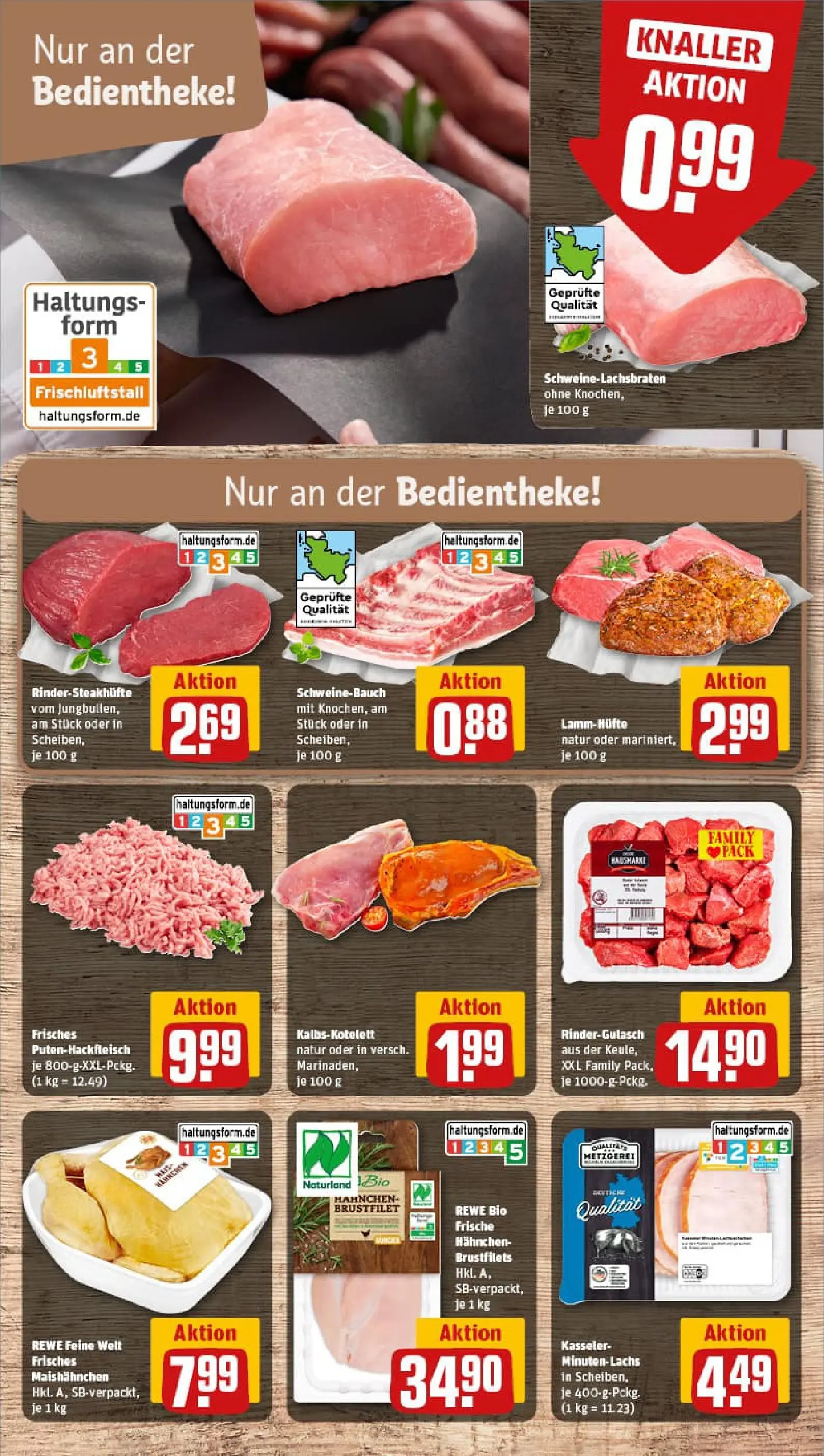 REWE Prospekt ab 13.10.2025 zum Blättern » Angebote | Seite: 8 | Produkte: Rindergulasch, Hahnchen, Schweinebauch, Steak