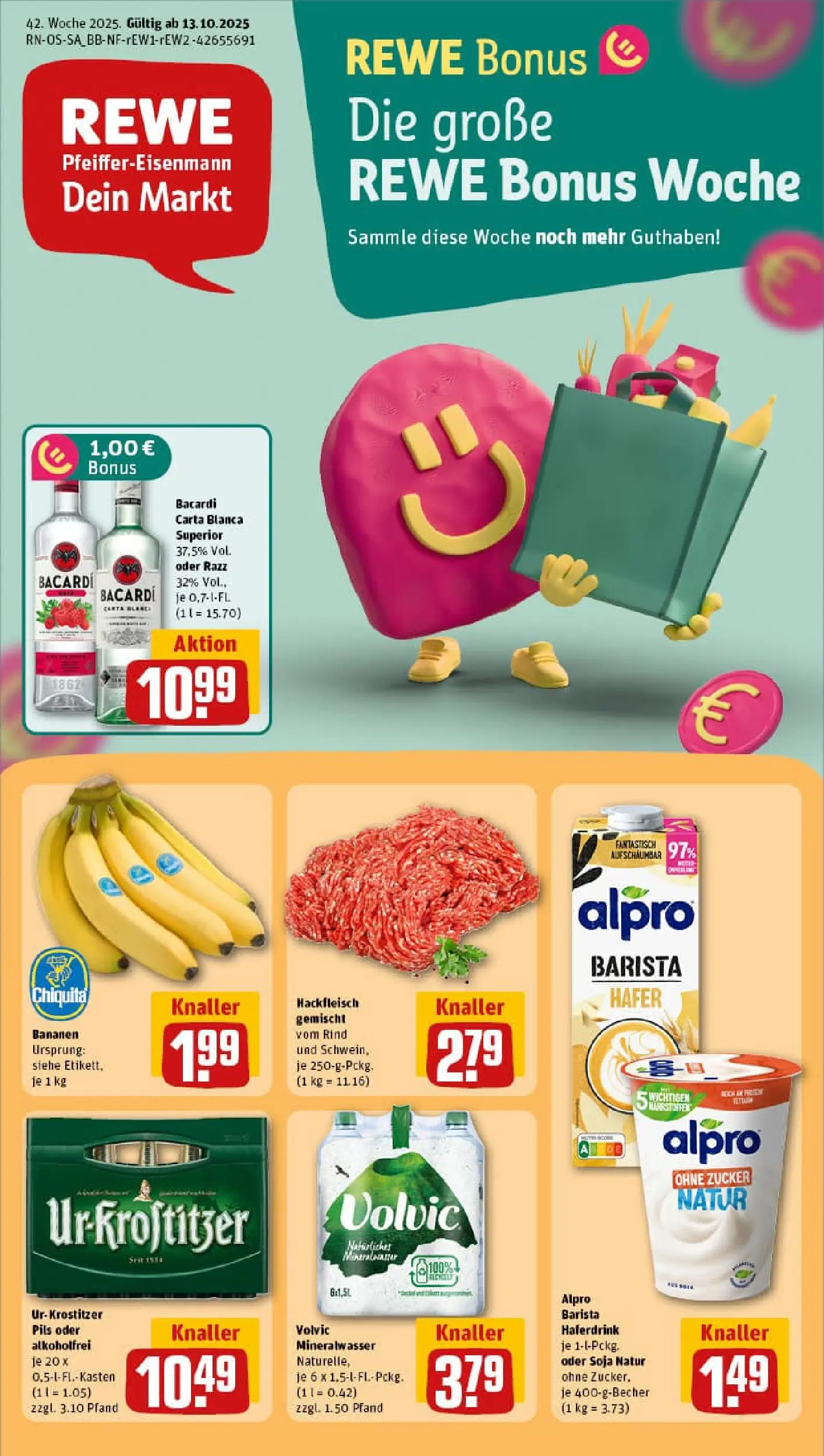 REWE Prospekt ab 13.10.2025 zum Blättern » Angebote | Seite: 1 | Produkte: Pils, Mineralwasser, Alpro, Volvic