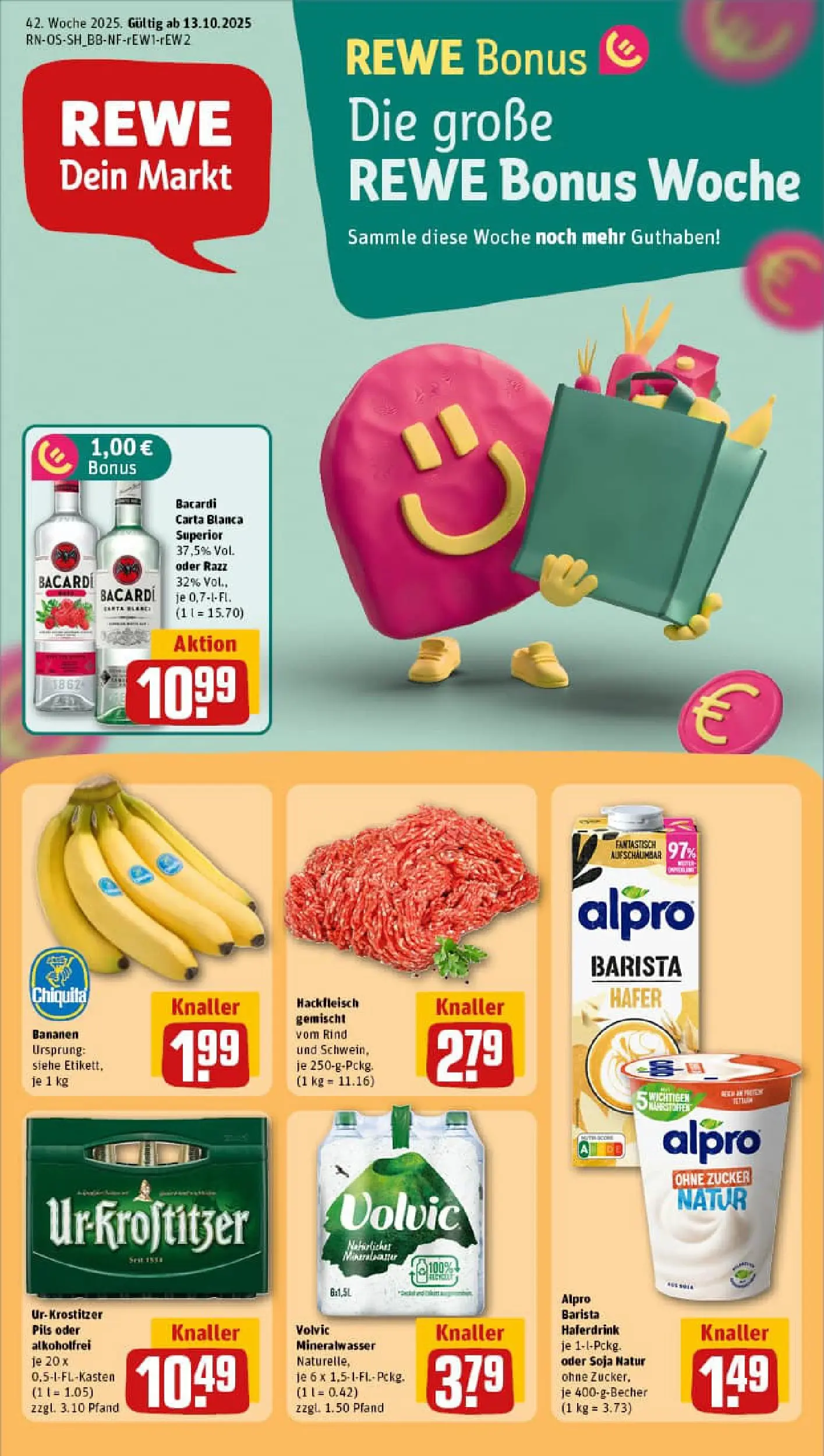 REWE Prospekt ab 13.10.2025 zum Blättern » Angebote | Seite: 1 | Produkte: Bacardi, Pils, Haferdrink, Alpro