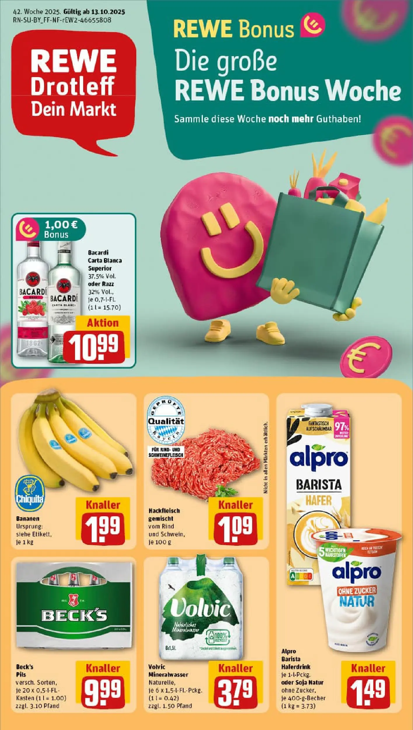 REWE Prospekt ab 13.10.2025 zum Blättern » Angebote | Seite: 1 | Produkte: Pils, Haferdrink, Alpro, Hackfleisch