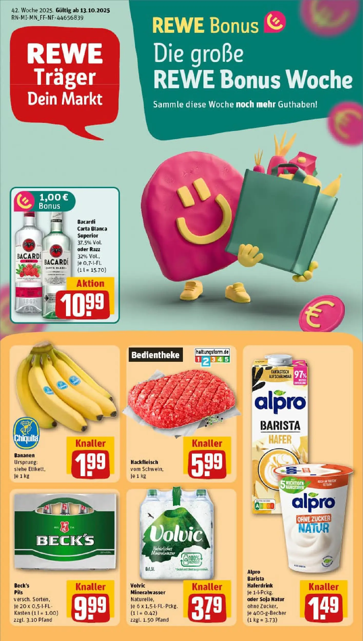 REWE Prospekt ab 13.10.2025 zum Blättern » Angebote | Seite: 1 | Produkte: Bacardi, Alpro, Volvic, Hackfleisch