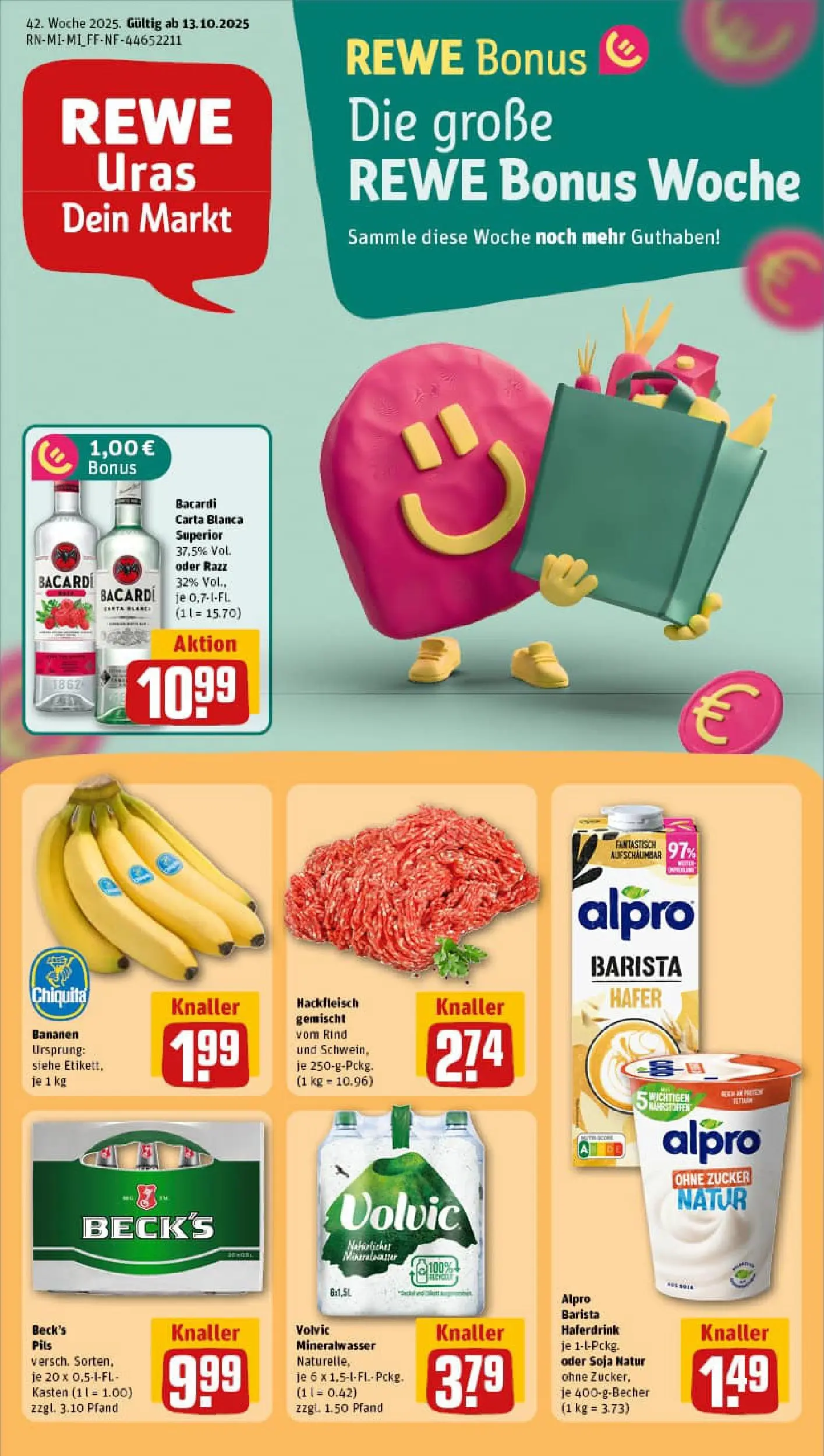 REWE Prospekt ab 13.10.2025 zum Blättern » Angebote | Seite: 1 | Produkte: Bacardi, Alpro, Volvic, Hackfleisch
