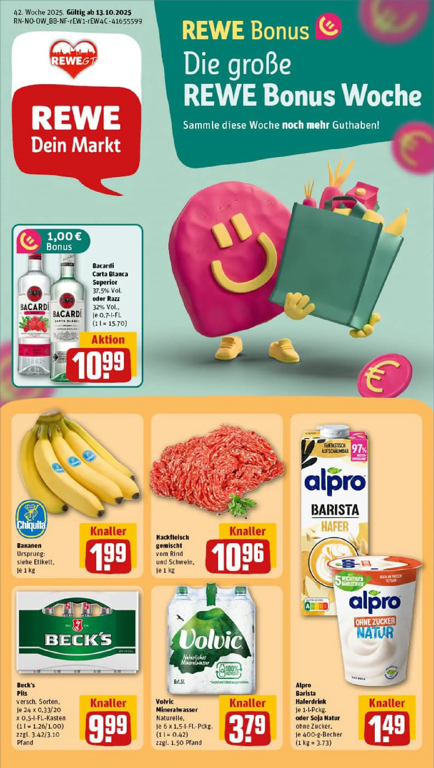 REWE Prospekt ab 13.10.2025 zum Blättern » Angebote | Seite: 1 | Produkte: Rum, Bananen, Alpro, Volvic