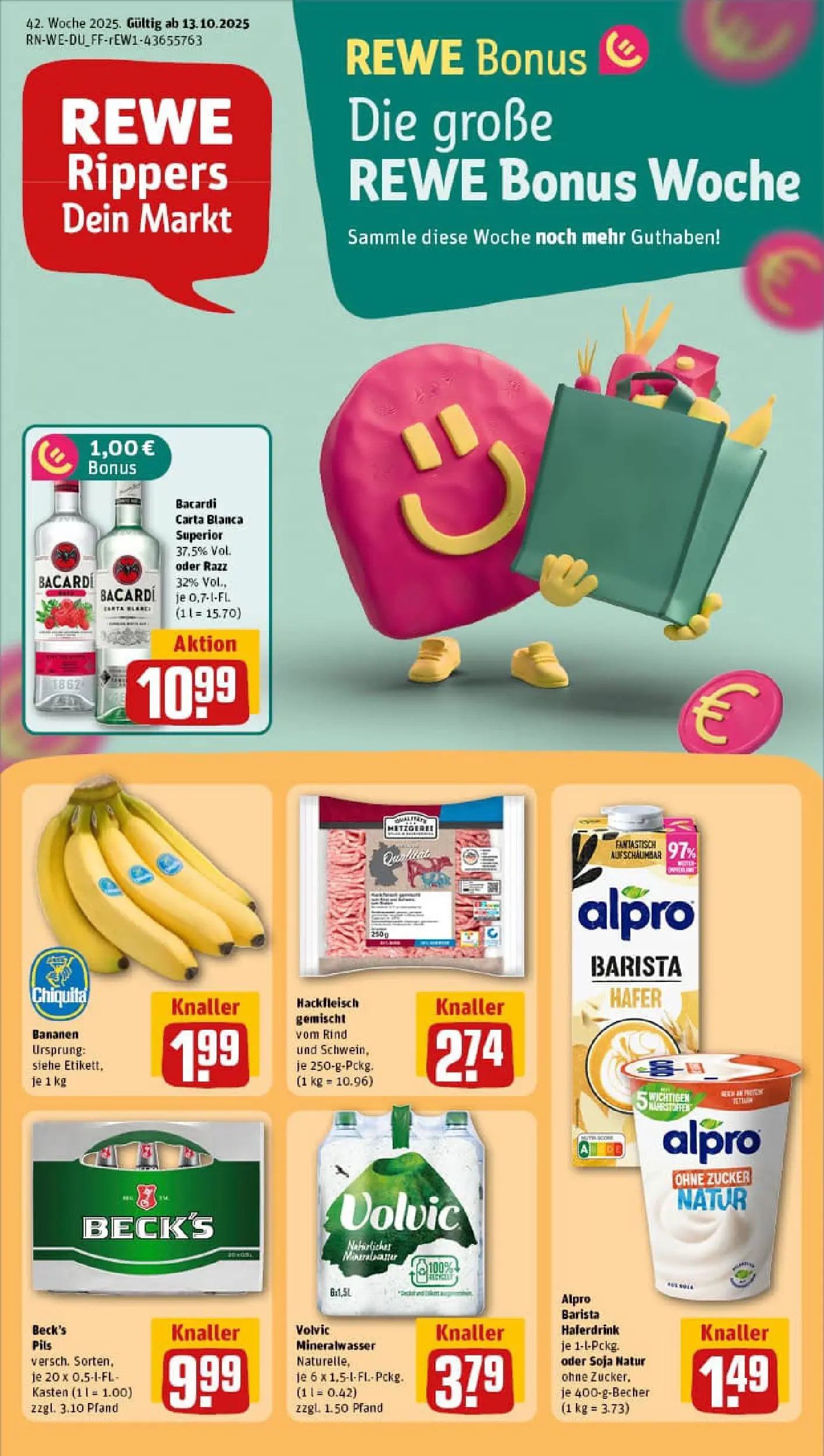 REWE Prospekt ab 13.10.2025 zum Blättern » Angebote | Seite: 1 | Produkte: Bacardi, Alpro, Zucker, Volvic