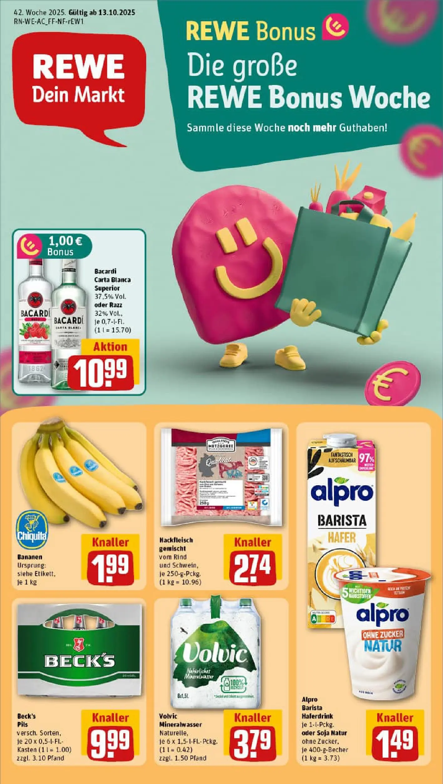 REWE Prospekt ab 13.10.2025 zum Blättern » Angebote | Seite: 1 | Produkte: Bacardi, Bananen, Alpro, Hackfleisch