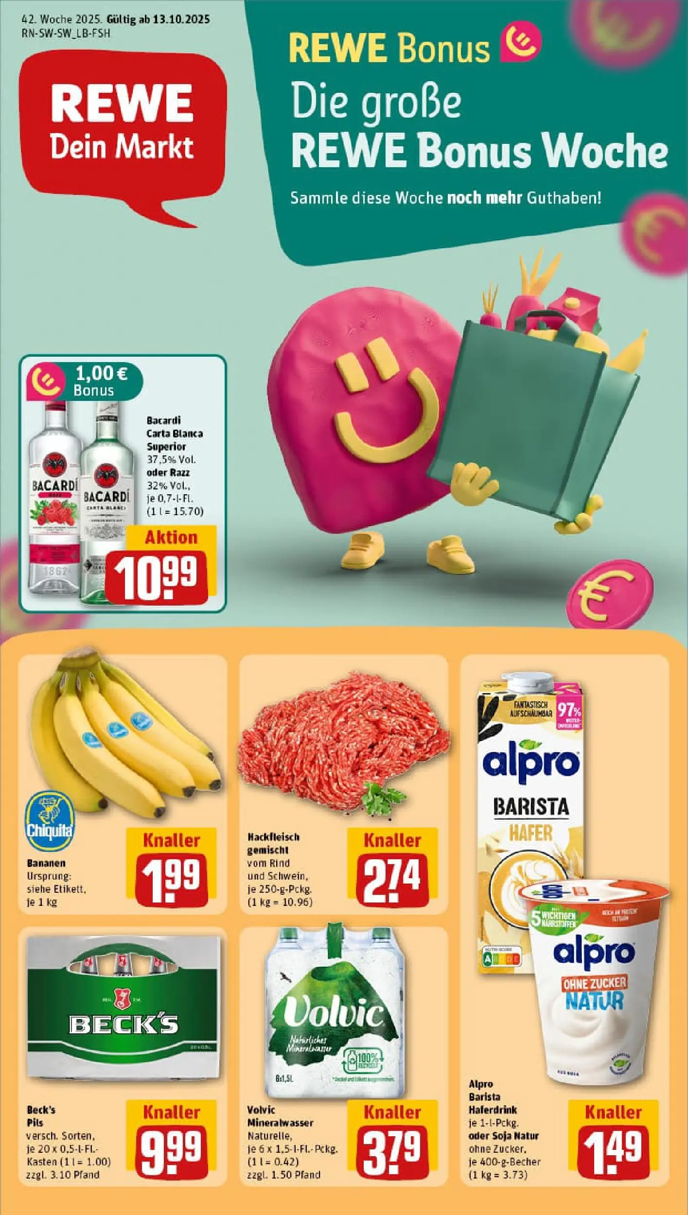 REWE Prospekt ab 13.10.2025 zum Blättern » Angebote | Seite: 3 | Produkte: Rum, Bananen, Volvic, Hackfleisch