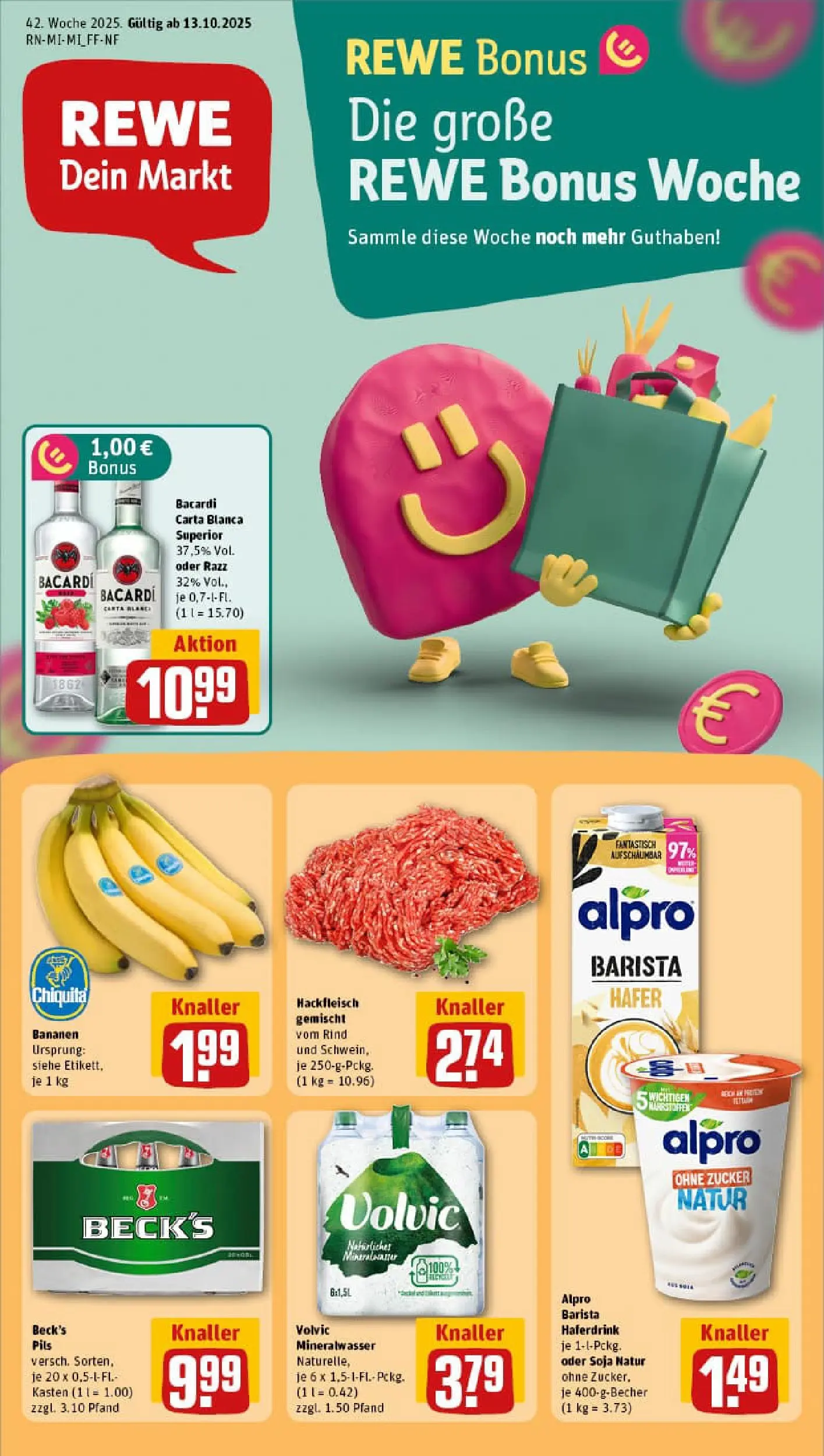 REWE Prospekt ab 13.10.2025 zum Blättern » Angebote | Seite: 1 | Produkte: Bacardi, Pils, Mineralwasser, Alpro