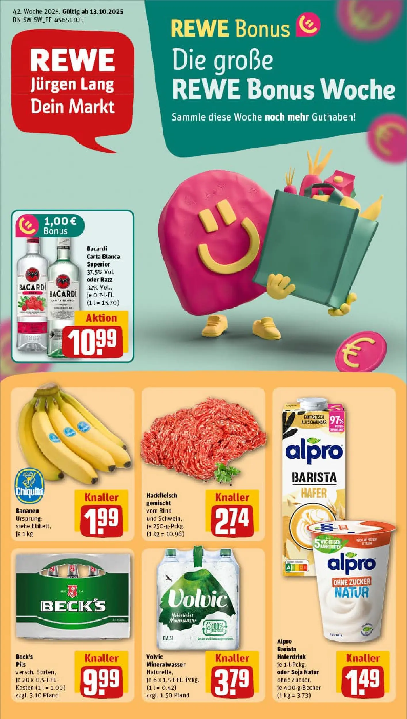 REWE Prospekt ab 13.10.2025 zum Blättern » Angebote | Seite: 1 | Produkte: Rum, Haferdrink, Zucker, Hackfleisch