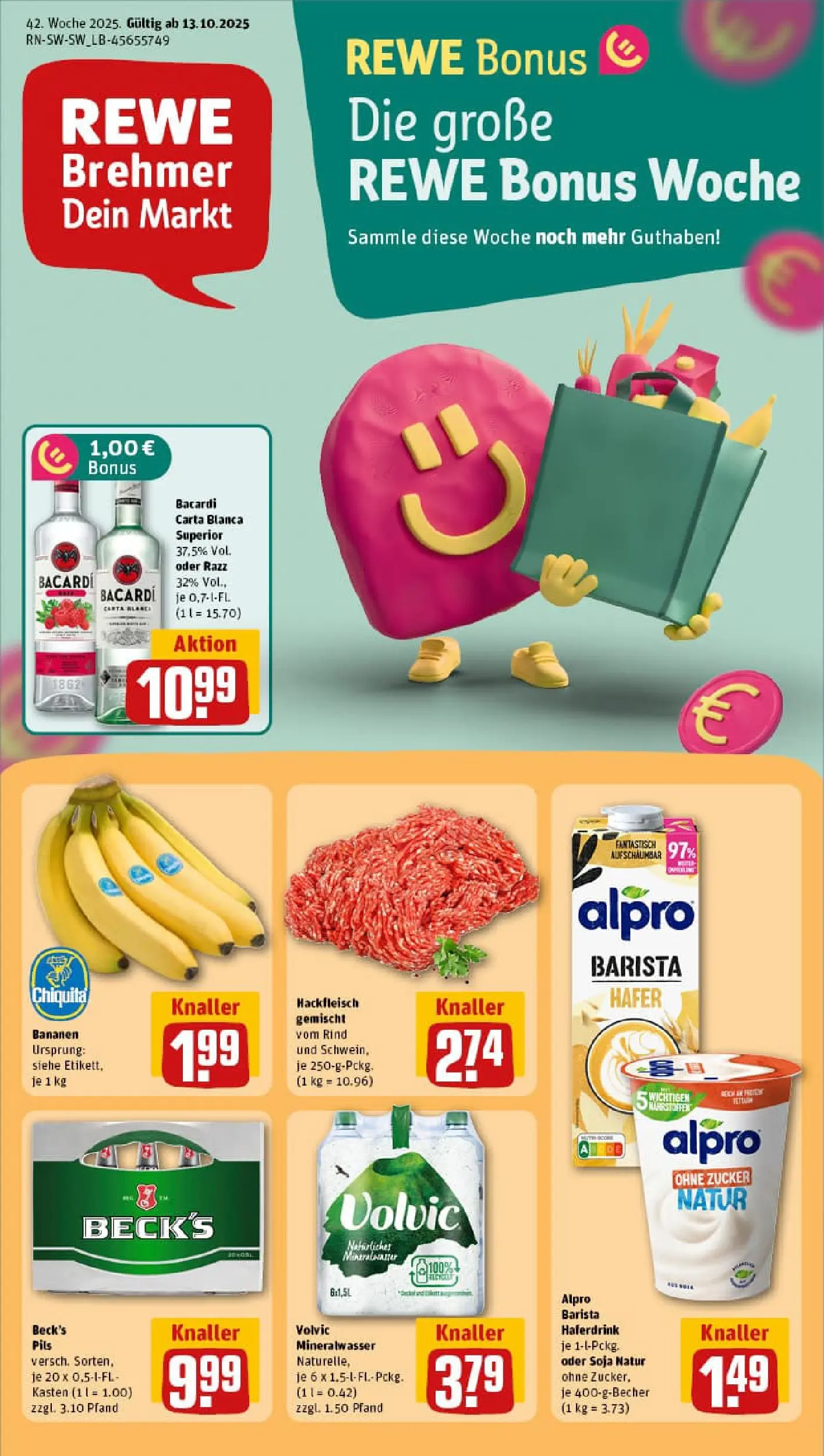 REWE Prospekt ab 13.10.2025 zum Blättern » Angebote | Seite: 1 | Produkte: Pils, Mineralwasser, Alpro, Volvic