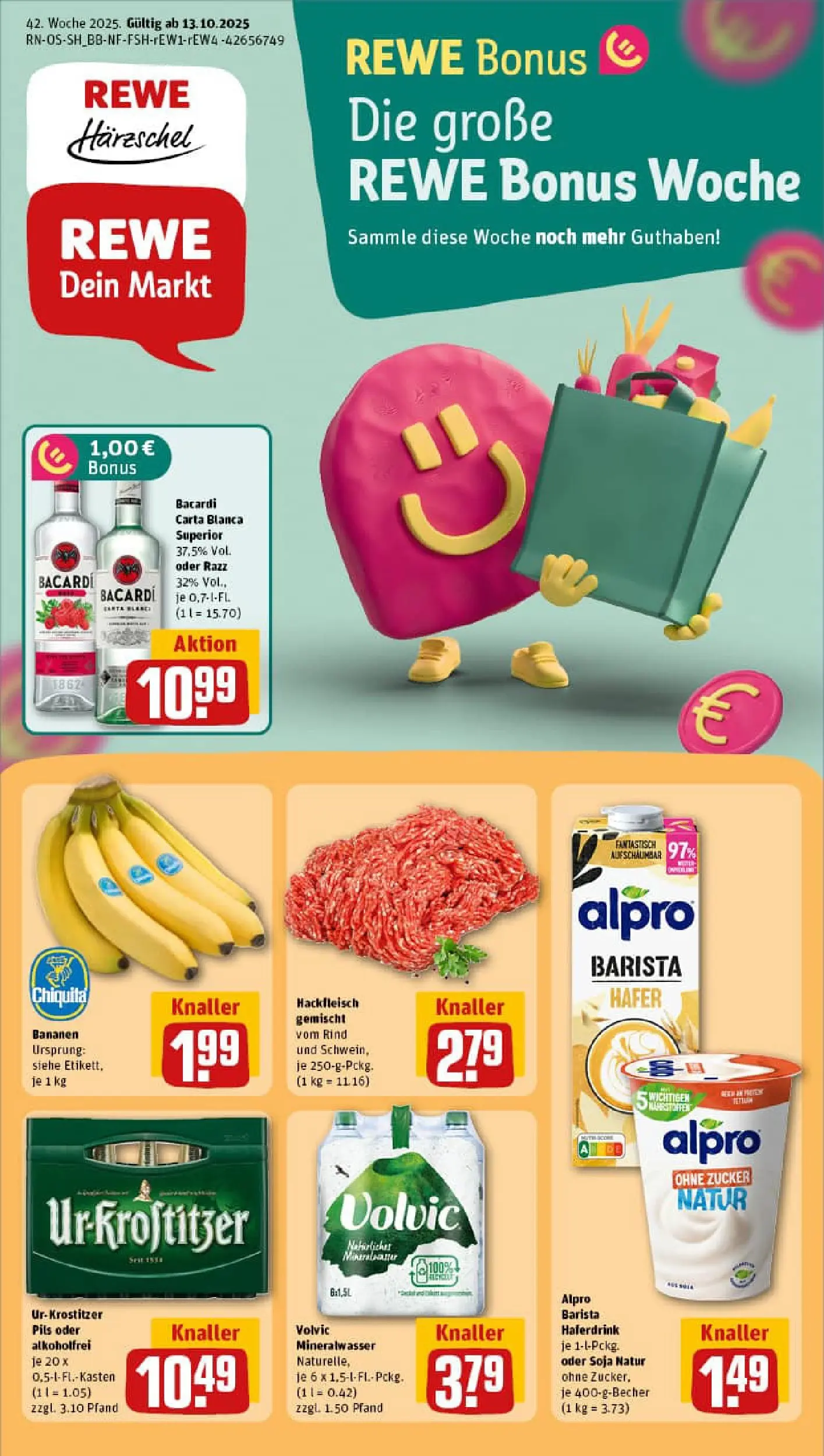 REWE Prospekt ab 13.10.2025 zum Blättern » Angebote | Seite: 1 | Produkte: Mineralwasser, Haferdrink, Alpro, Zucker