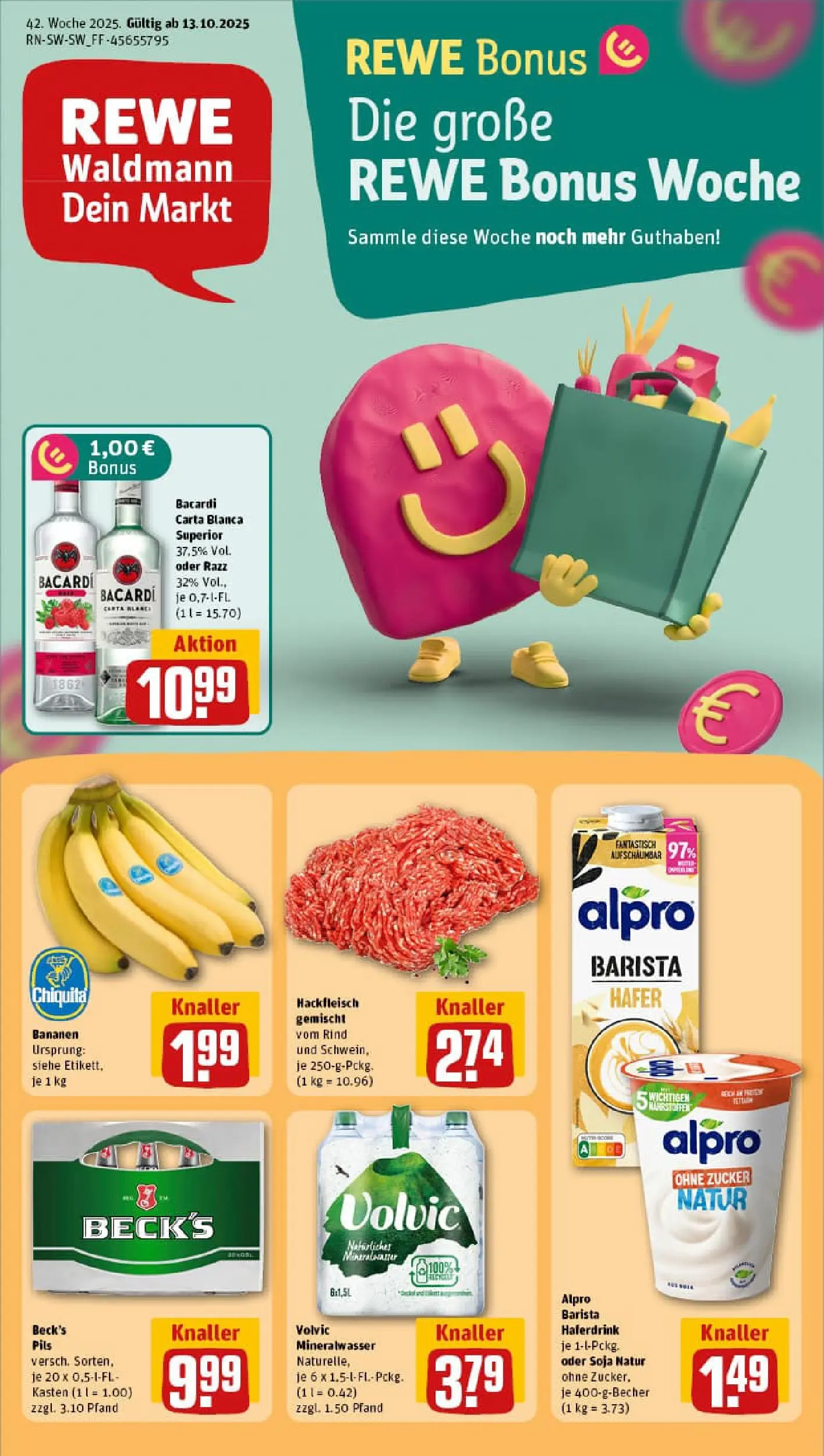 REWE Prospekt ab 13.10.2025 zum Blättern » Angebote | Seite: 1 | Produkte: Bacardi, Bananen, Haferdrink, Alpro