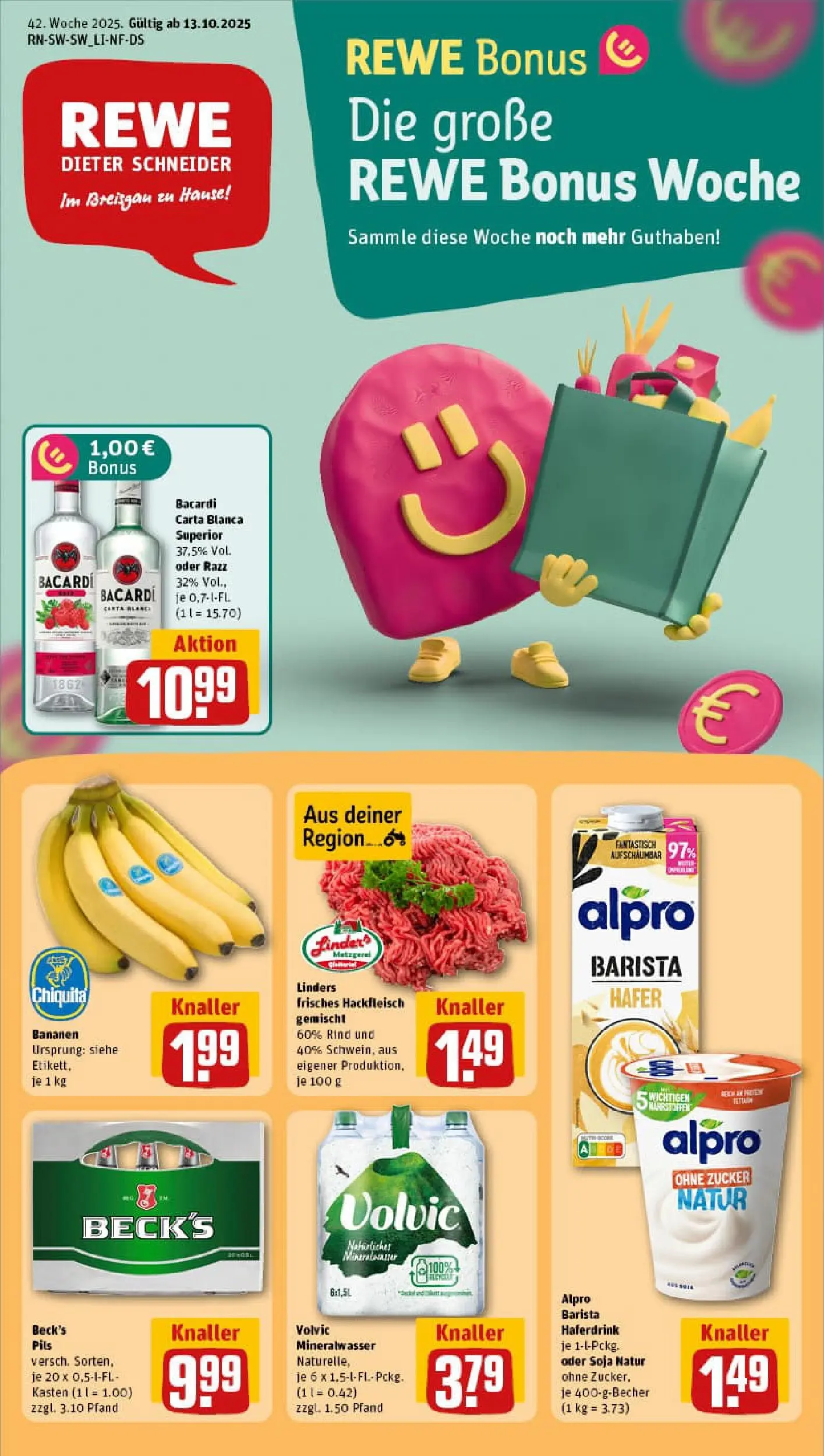 REWE Prospekt ab 13.10.2025 zum Blättern » Angebote | Seite: 1 | Produkte: Pils, Alpro, Volvic, Hackfleisch