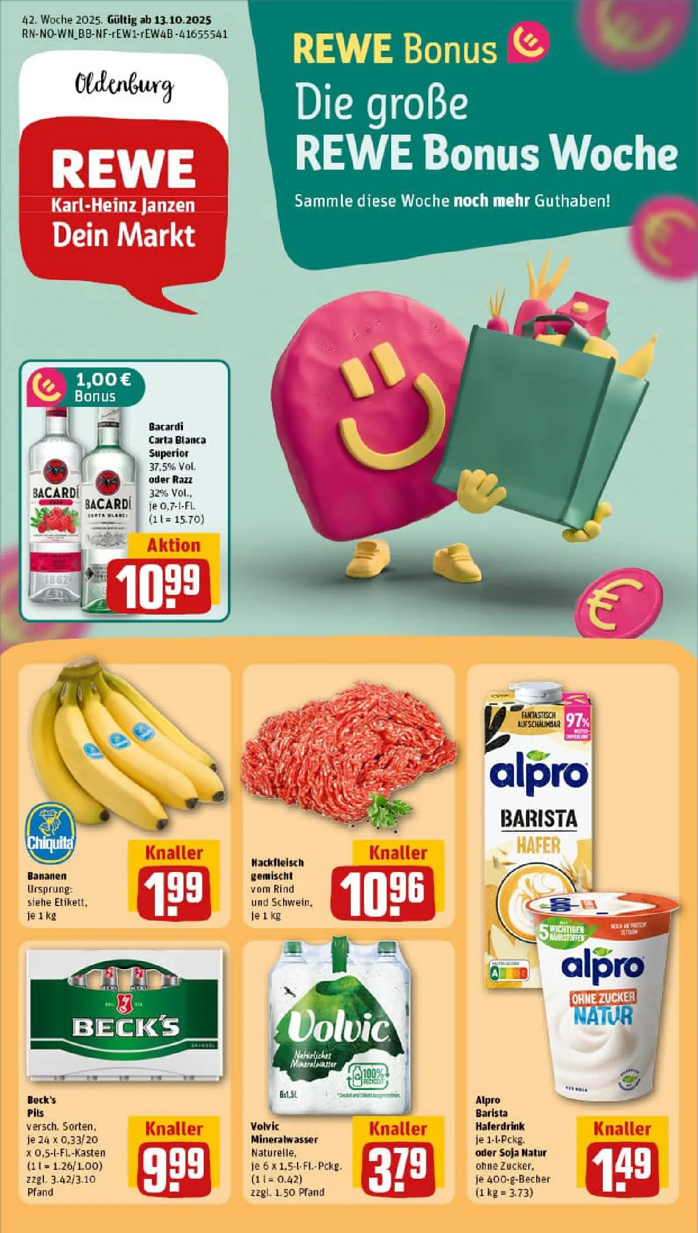REWE Prospekt ab 13.10.2025 zum Blättern » Angebote | Seite: 1 | Produkte: Bacardi, Haferdrink, Volvic, Hackfleisch