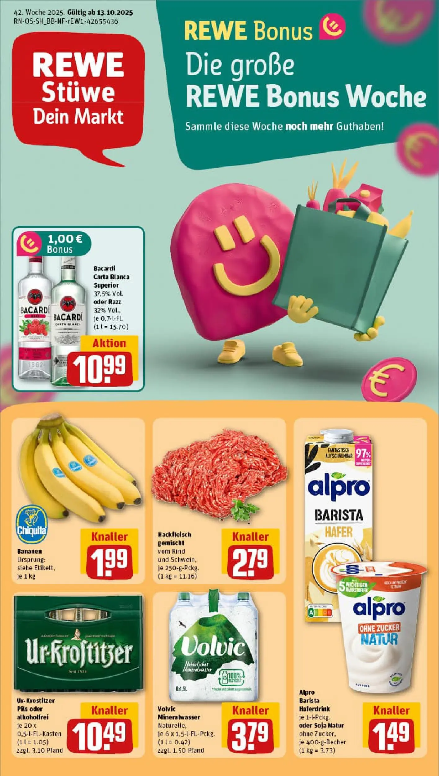 REWE Prospekt ab 13.10.2025 zum Blättern » Angebote | Seite: 1 | Produkte: Bacardi, Pils, Zucker, Volvic