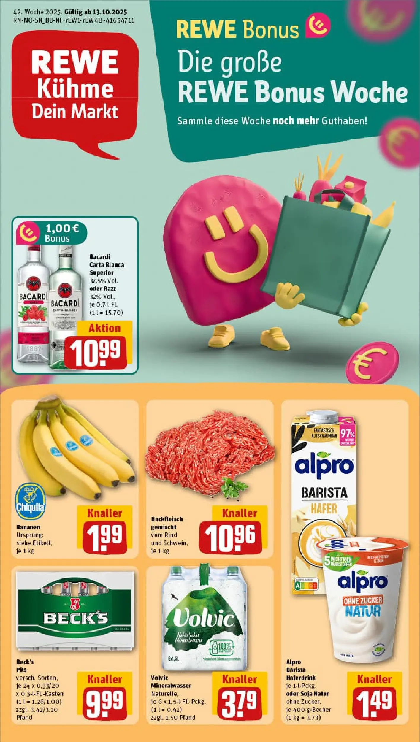 REWE Prospekt ab 13.10.2025 zum Blättern » Angebote | Seite: 1 | Produkte: Rum, Haferdrink, Alpro, Volvic