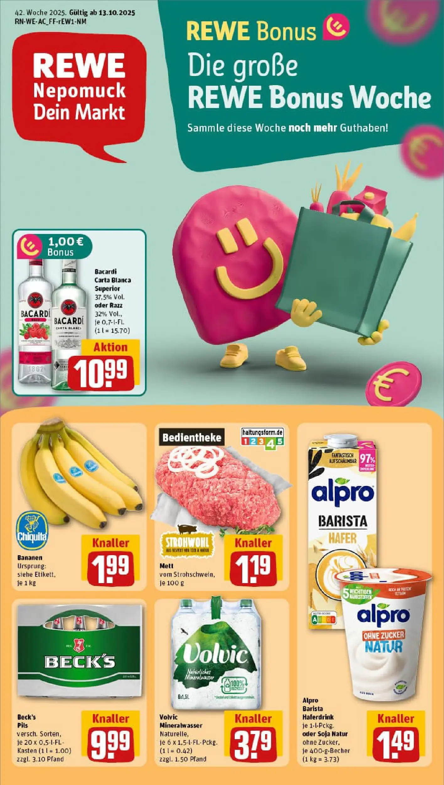 REWE Prospekt ab 13.10.2025 zum Blättern » Angebote | Seite: 1 | Produkte: Bacardi, Pils, Zucker, Volvic