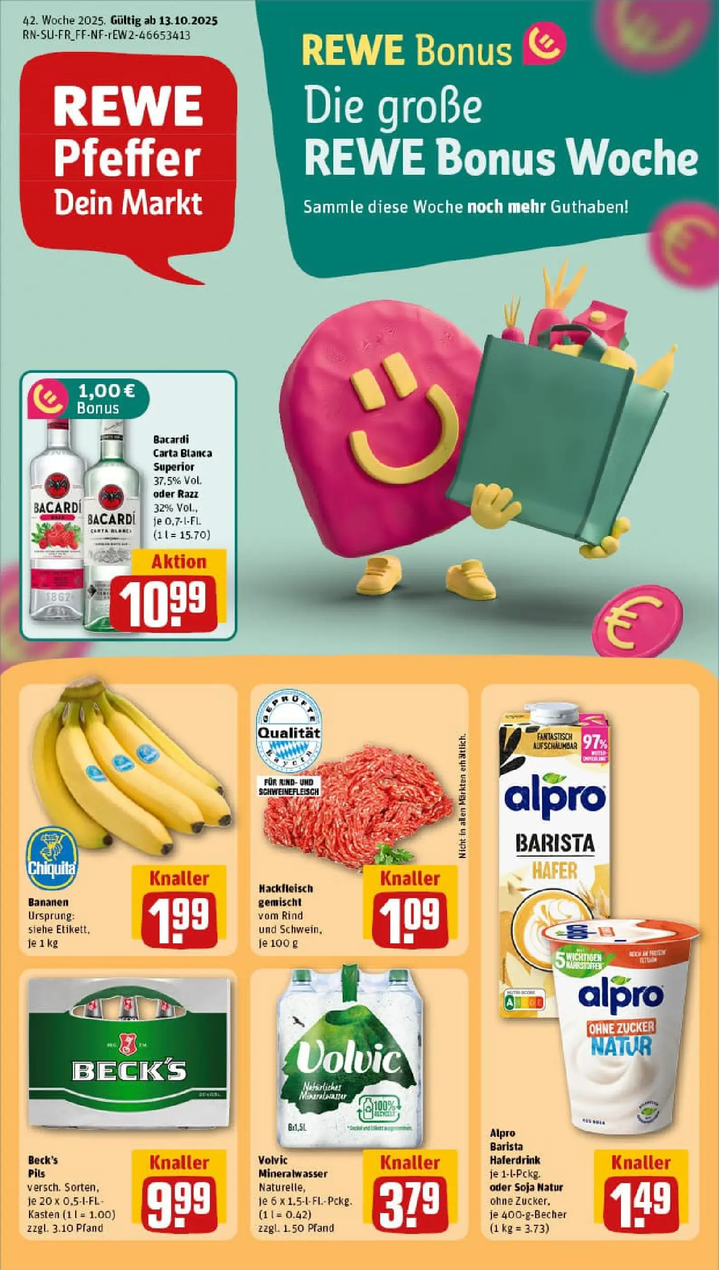 REWE Prospekt ab 13.10.2025 zum Blättern » Angebote | Seite: 1 | Produkte: Bacardi, Mineralwasser, Pfeffer, Hackfleisch