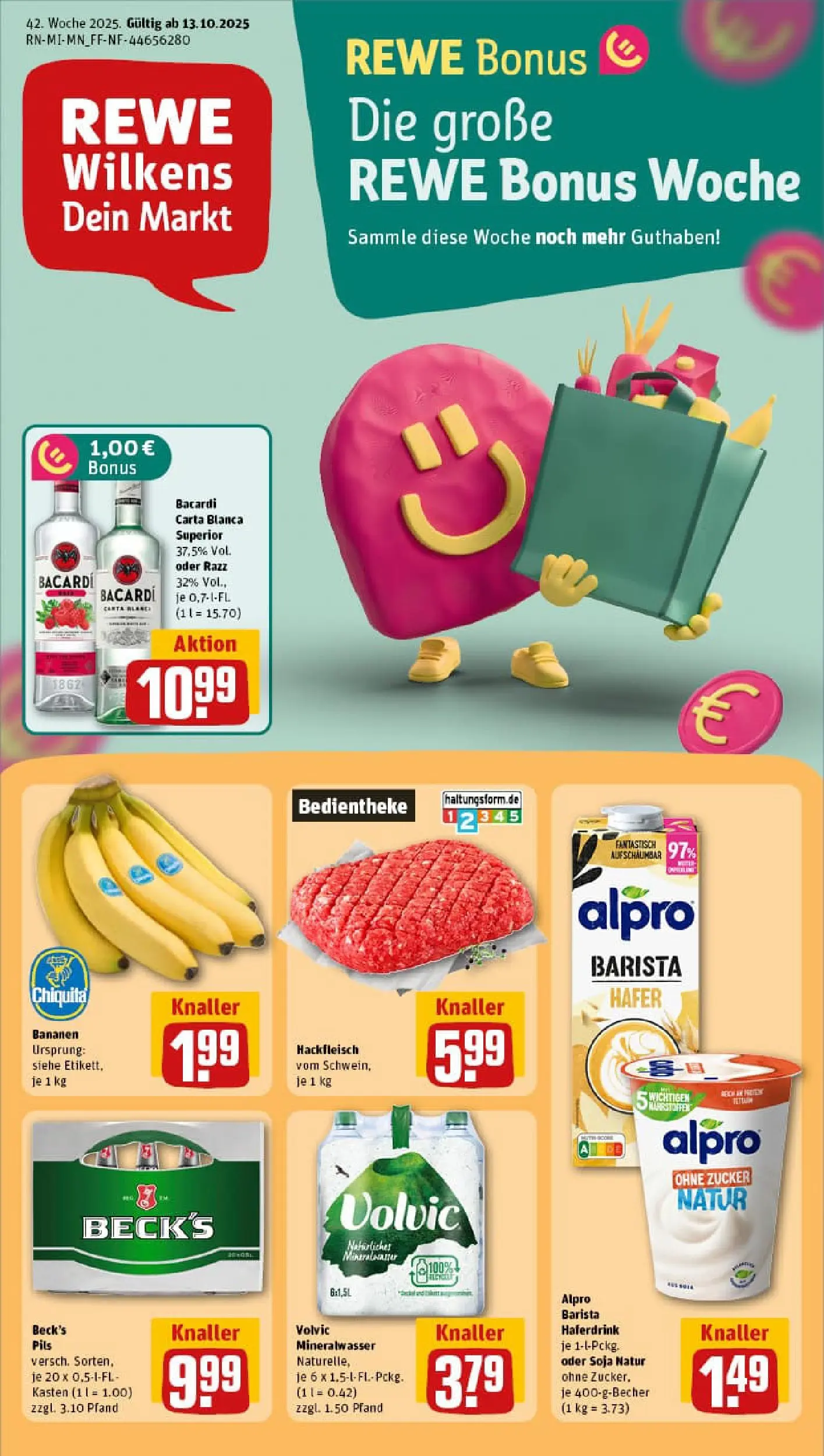 REWE Prospekt ab 13.10.2025 zum Blättern » Angebote | Seite: 1 | Produkte: Rum, Bananen, Mineralwasser, Alpro