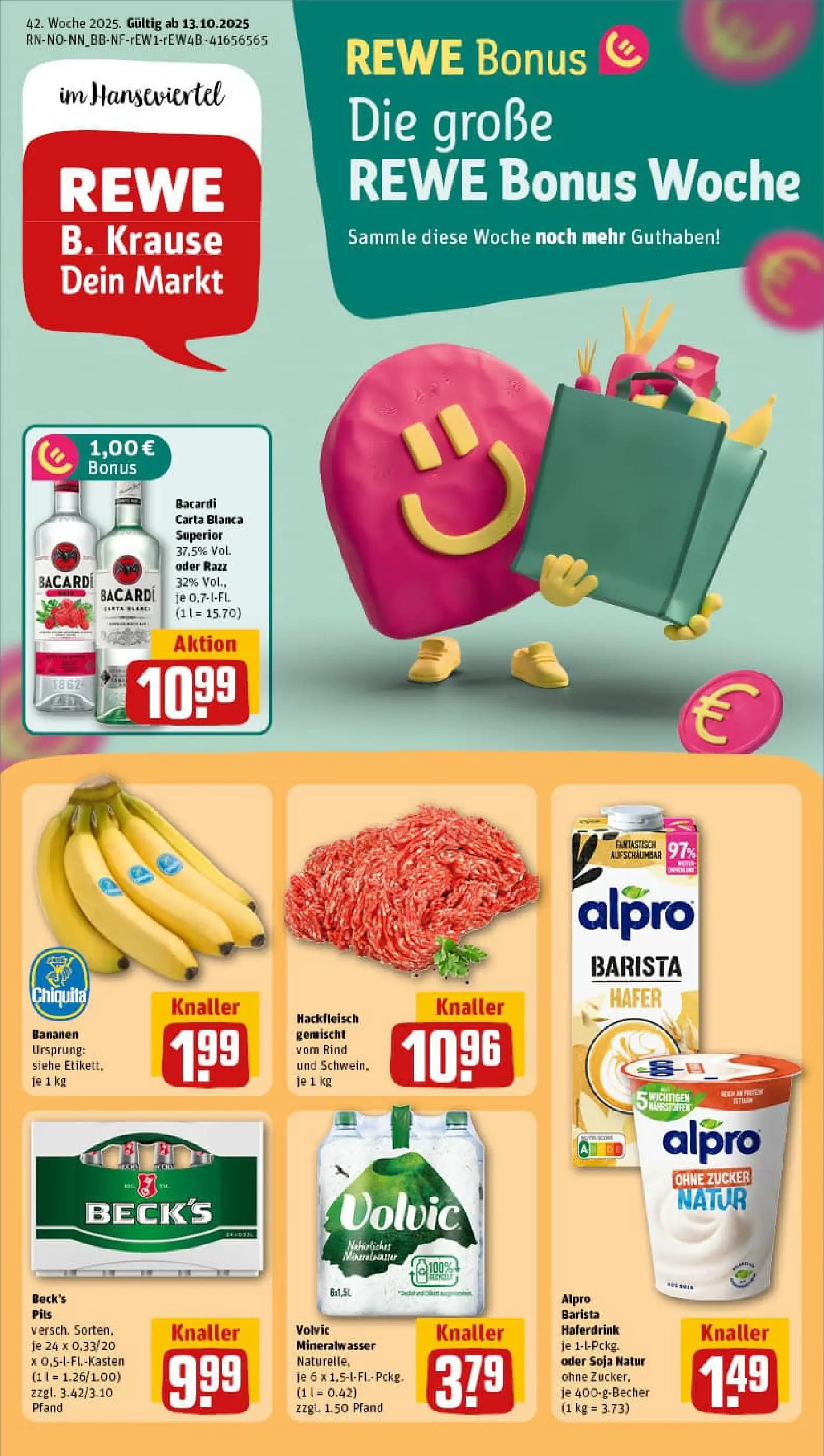 REWE Prospekt ab 13.10.2025 zum Blättern » Angebote | Seite: 1 | Produkte: Bananen, Alpro, Zucker, Volvic