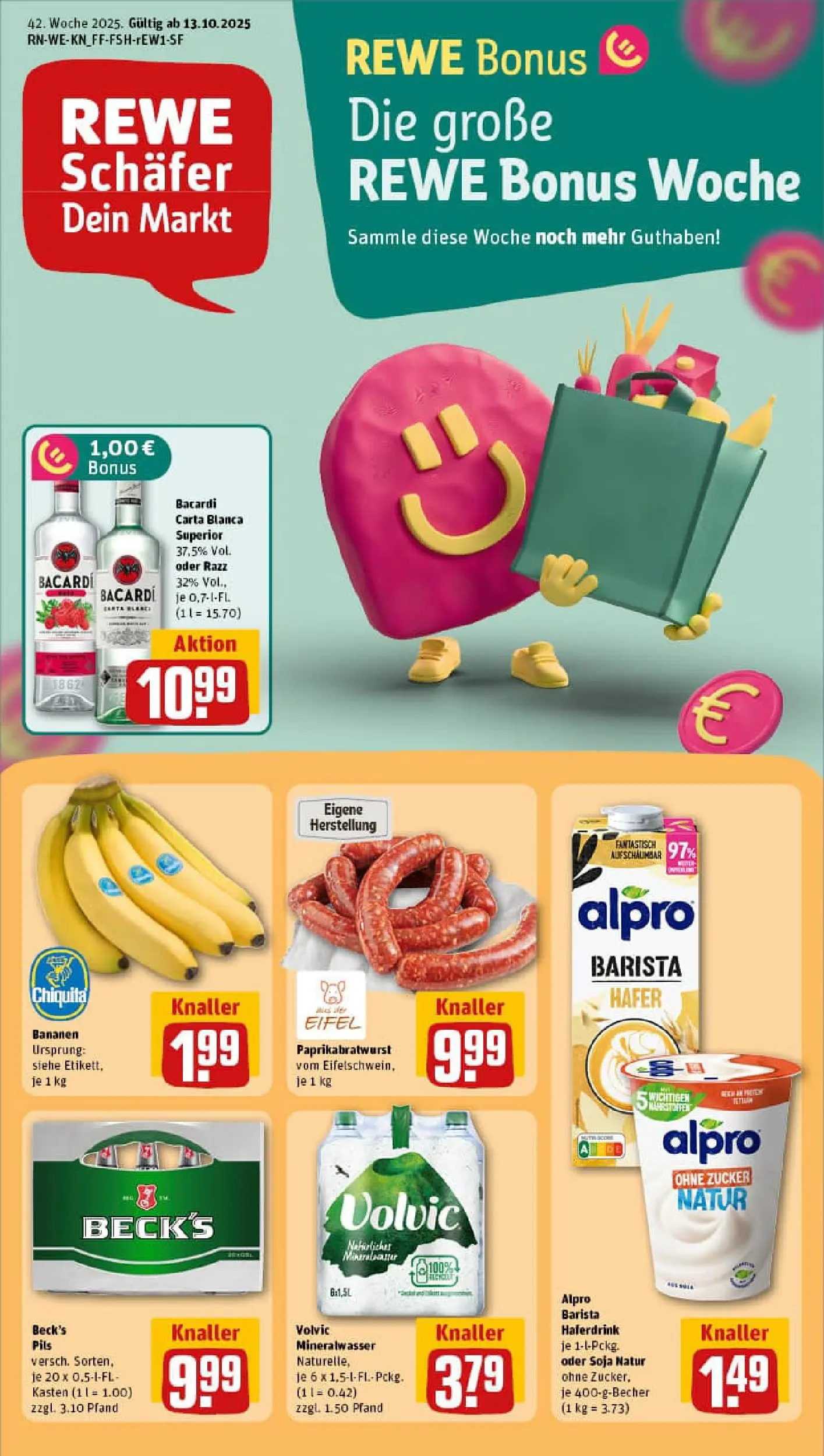 REWE Prospekt ab 13.10.2025 zum Blättern » Angebote | Seite: 1 | Produkte: Bacardi, Bananen, Haferdrink, Alpro