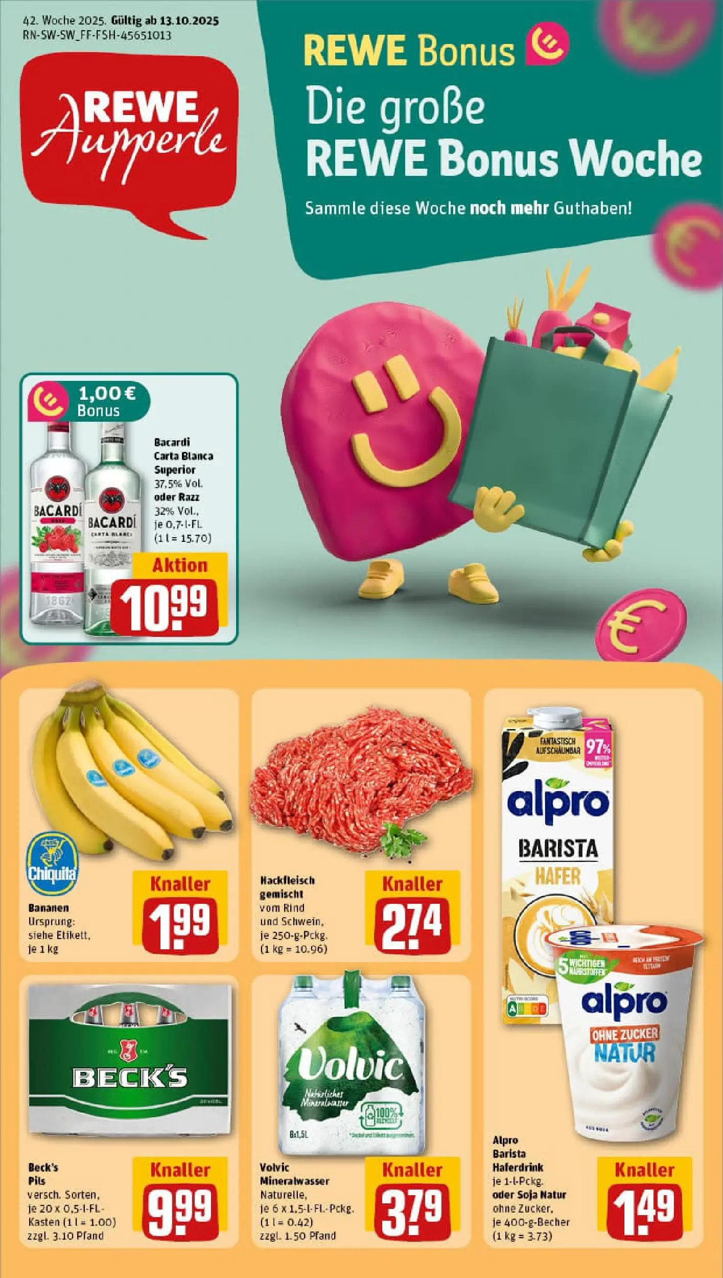 REWE Prospekt ab 13.10.2025 zum Blättern » Angebote | Seite: 1 | Produkte: Bacardi, Pils, Bananen, Haferdrink
