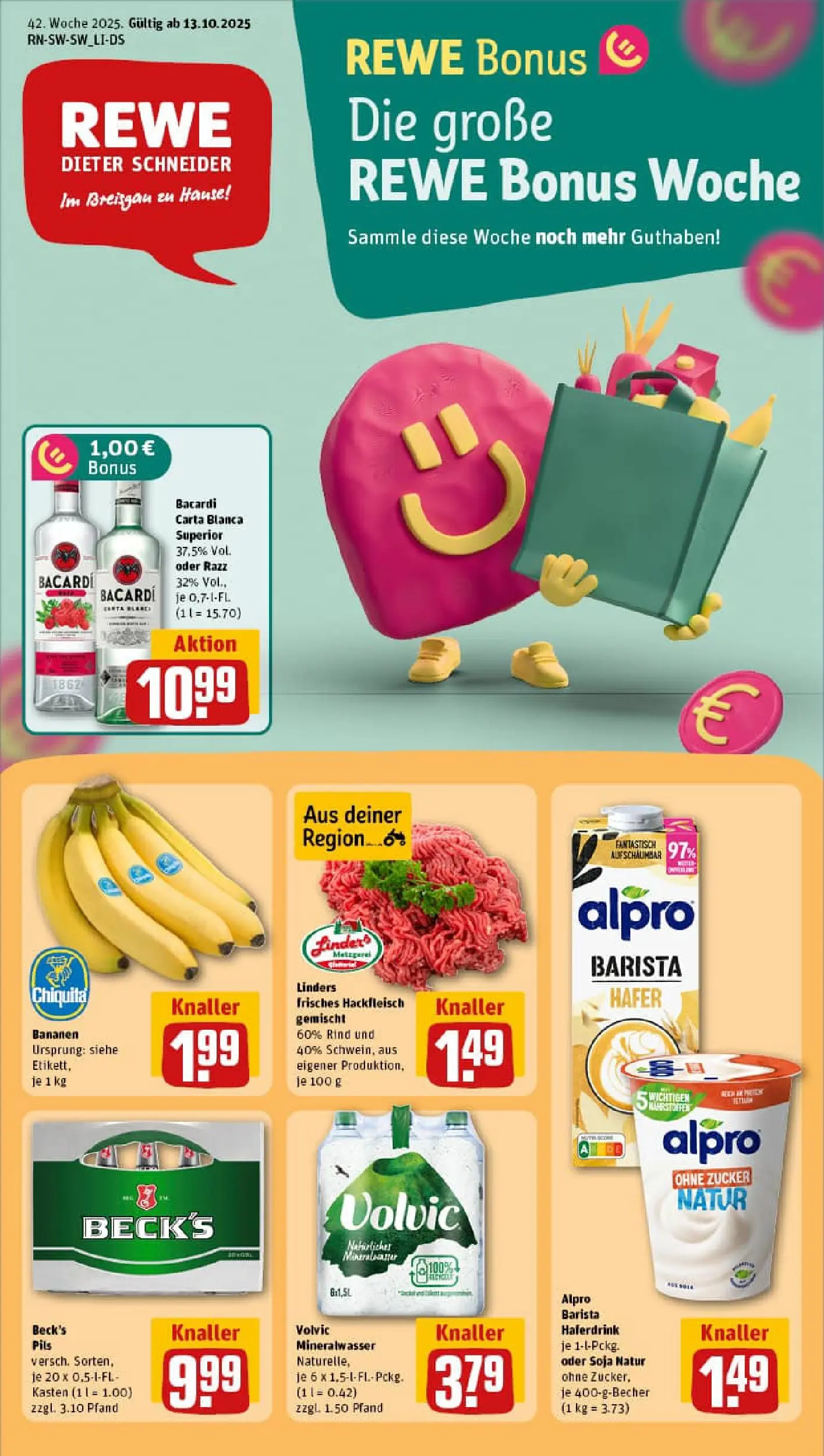 REWE Prospekt ab 13.10.2025 zum Blättern » Angebote | Seite: 1 | Produkte: Bananen, Mineralwasser, Haferdrink, Alpro