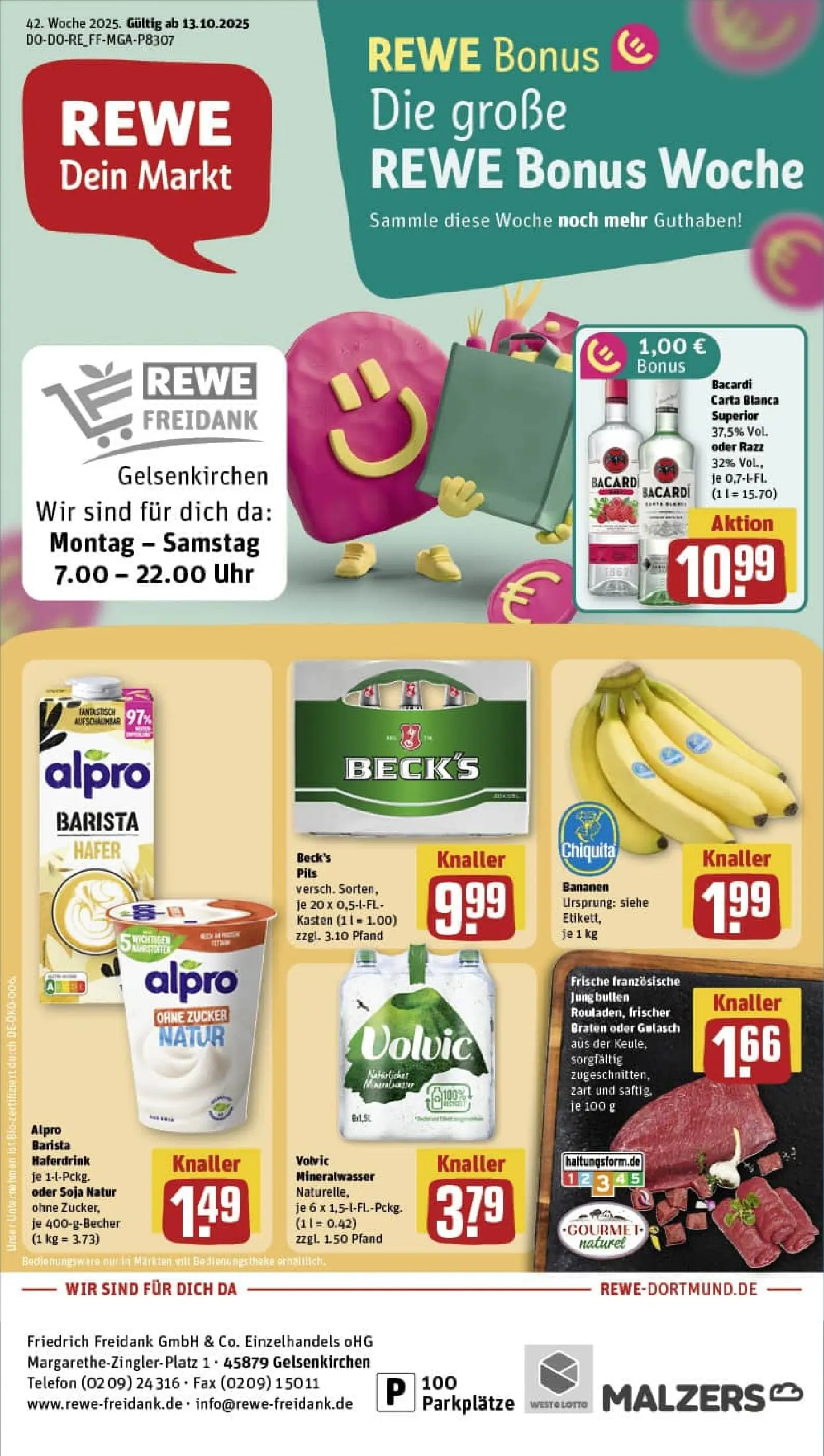 REWE Prospekt ab 13.10.2025 zum Blättern » Angebote | Seite: 1 | Produkte: Bananen, Mineralwasser, Gulasch, Volvic