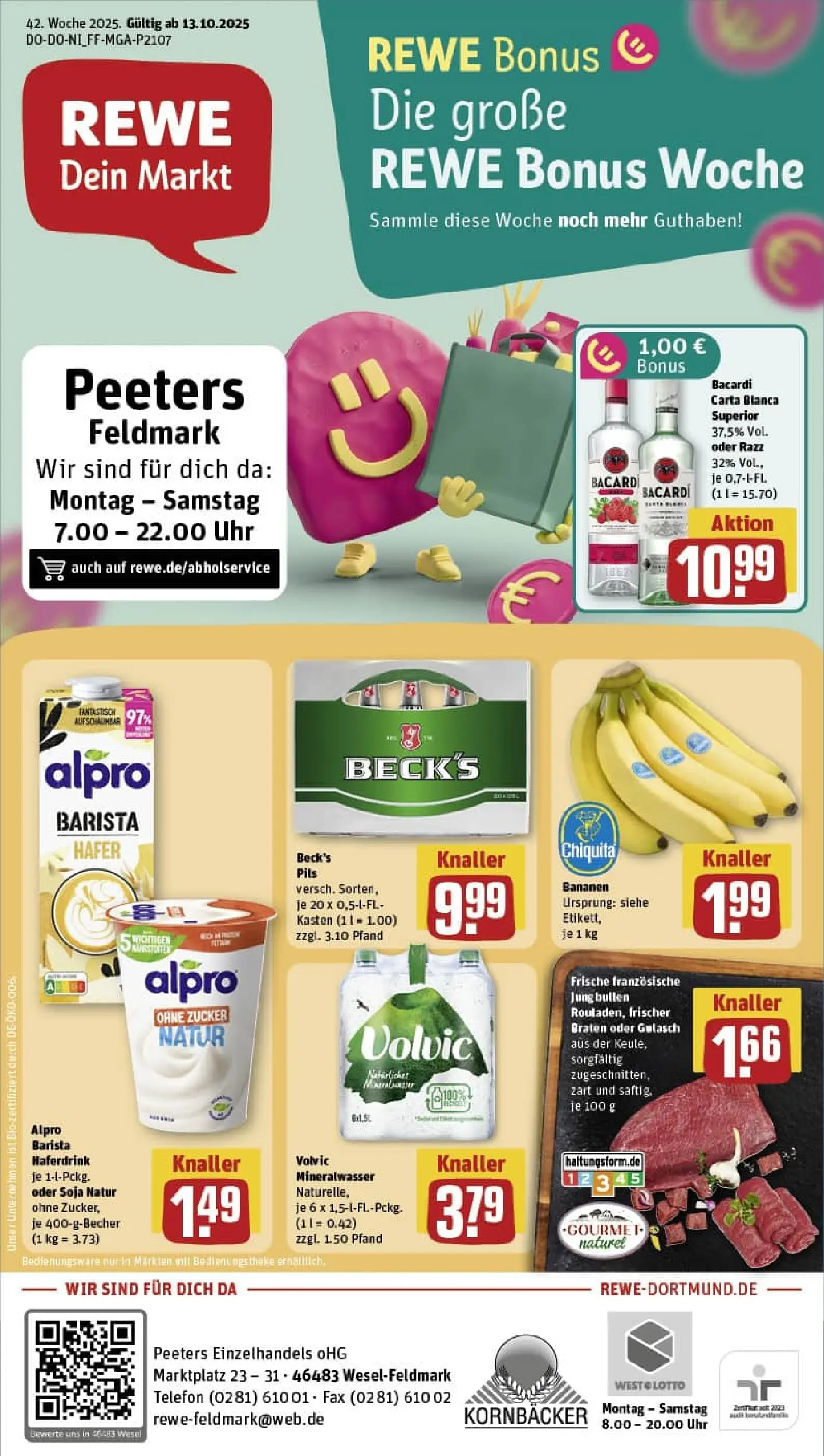 REWE Prospekt ab 13.10.2025 zum Blättern » Angebote | Seite: 1 | Produkte: Pils, Gulasch, Telefon, Uhr