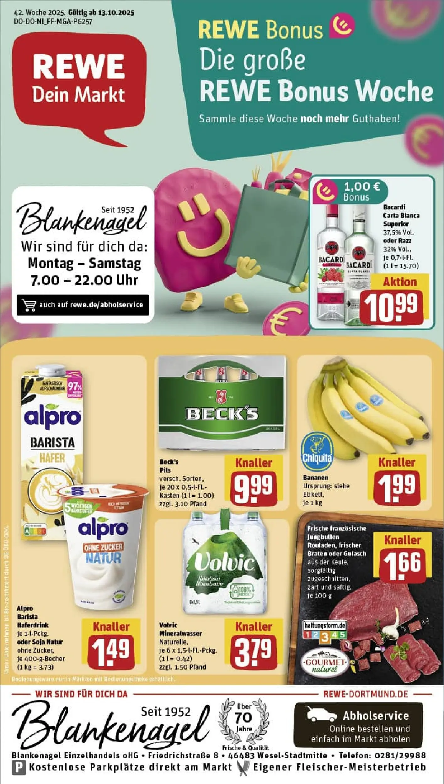 REWE Prospekt ab 13.10.2025 zum Blättern » Angebote | Seite: 1 | Produkte: Bacardi, Bananen, Mineralwasser, Alpro