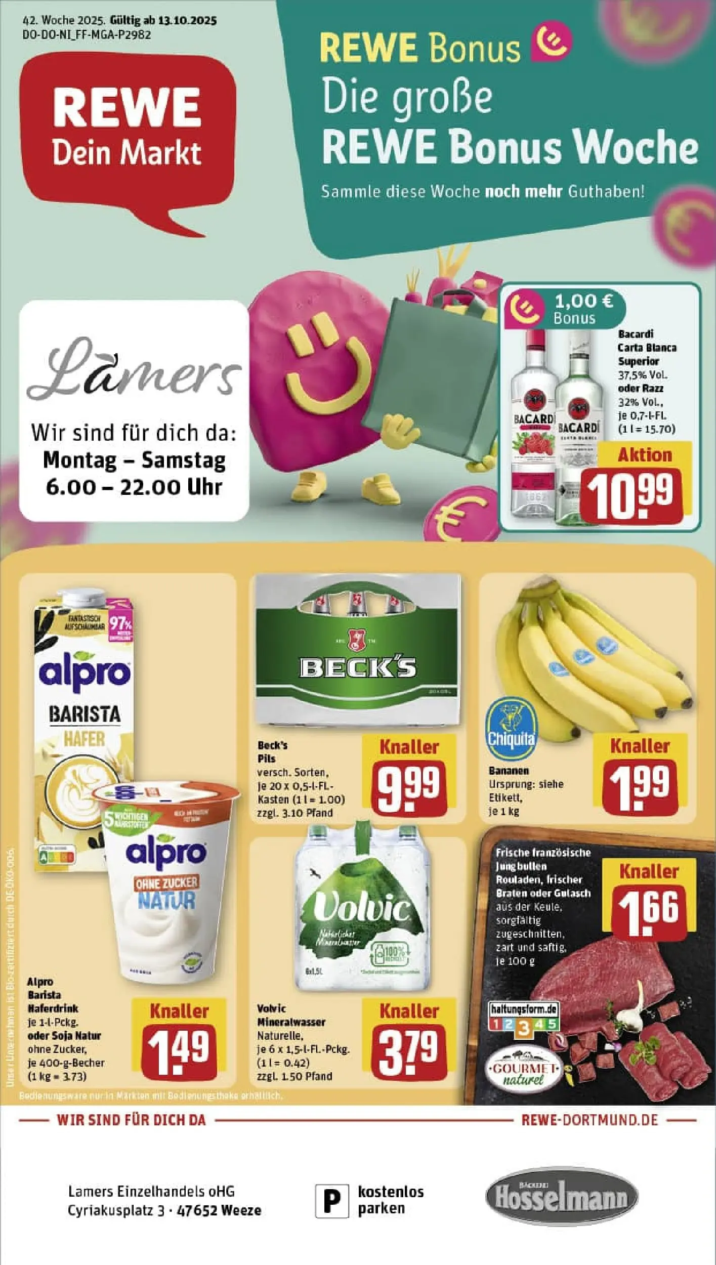 REWE Prospekt ab 13.10.2025 zum Blättern » Angebote | Seite: 1 | Produkte: Bacardi, Rum, Mineralwasser, Gulasch
