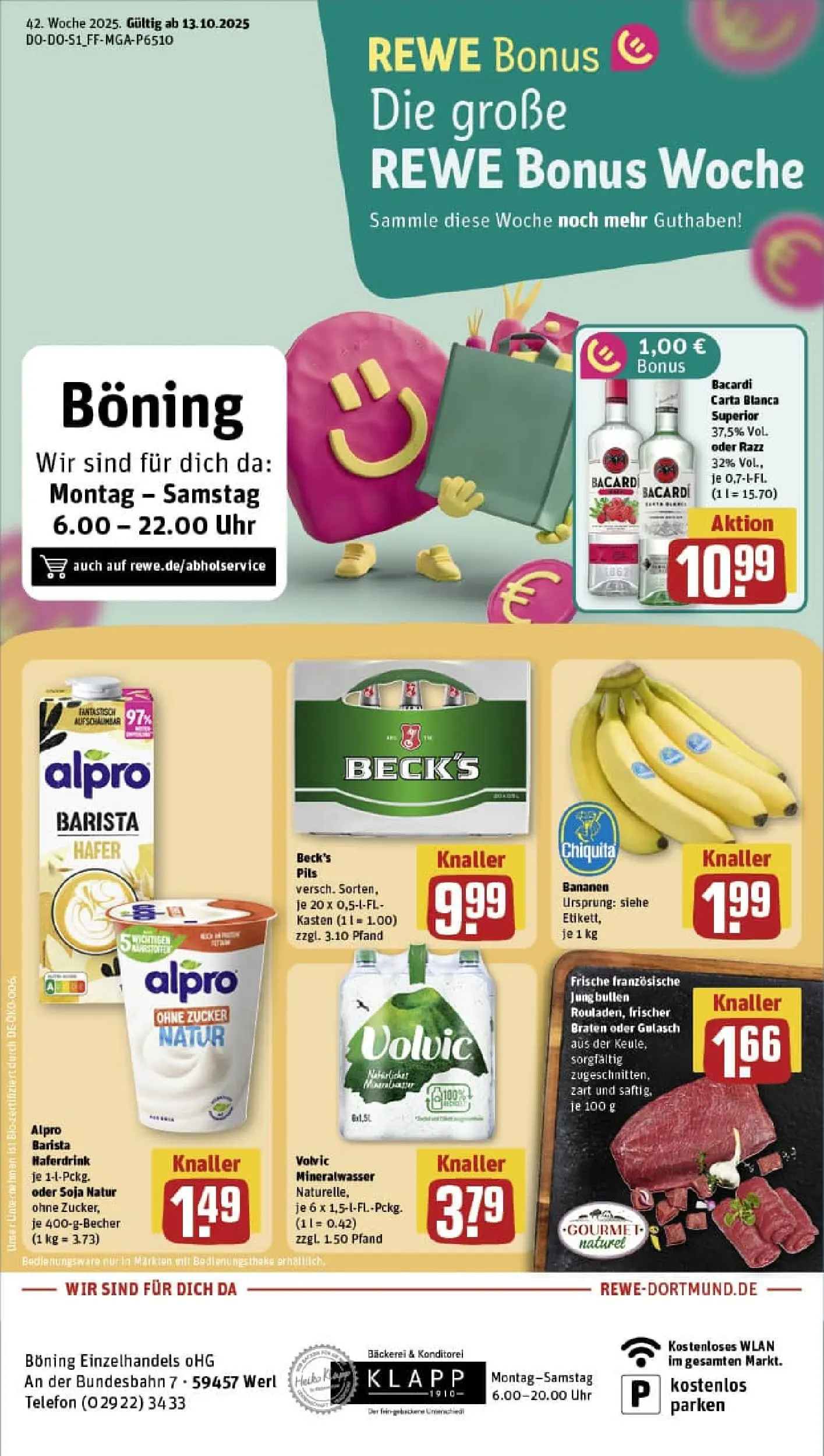 REWE Prospekt ab 13.10.2025 zum Blättern » Angebote | Seite: 1 | Produkte: Bananen, Volvic, Telefon, Uhr