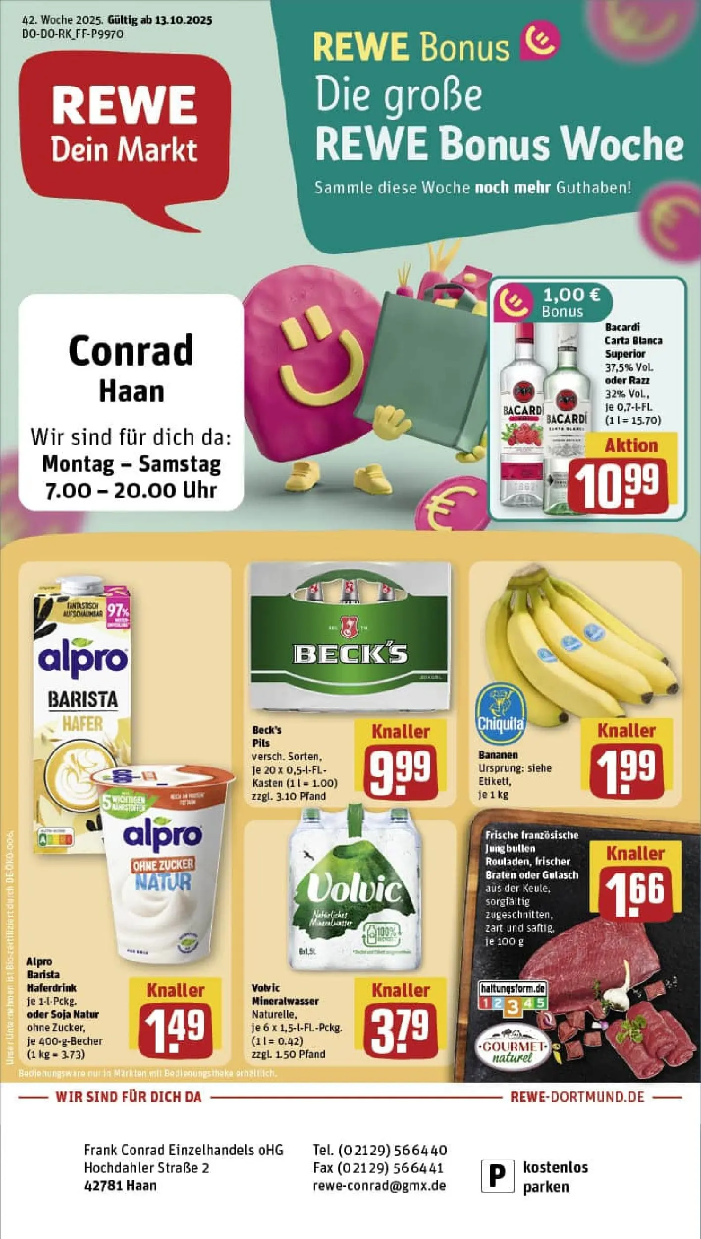 REWE Prospekt ab 13.10.2025 zum Blättern » Angebote | Seite: 1 | Produkte: Pils, Bananen, Gulasch, Volvic