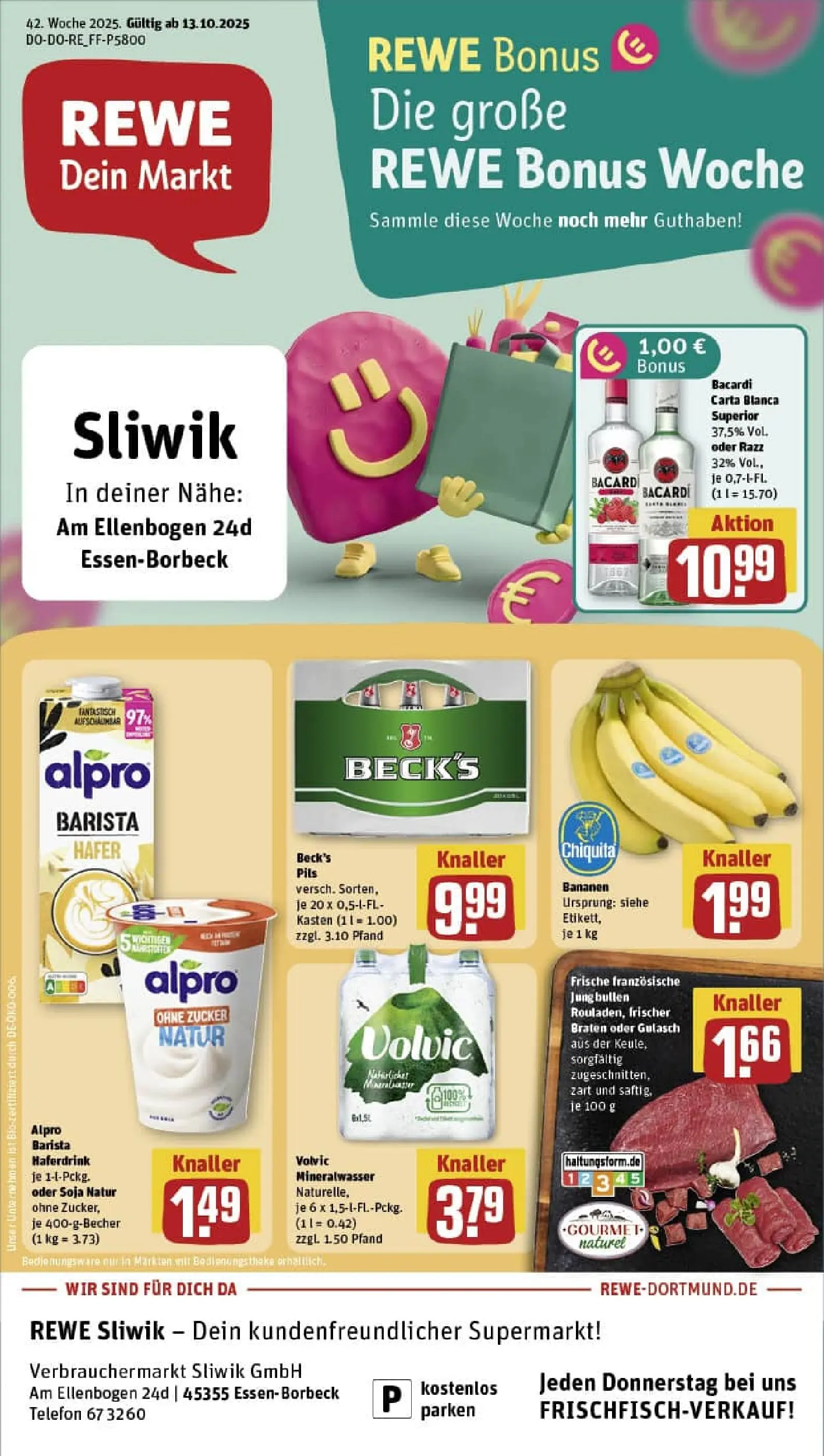 REWE Prospekt ab 13.10.2025 zum Blättern » Angebote | Seite: 1 | Produkte: Theke, Bananen, Haferdrink, Telefon