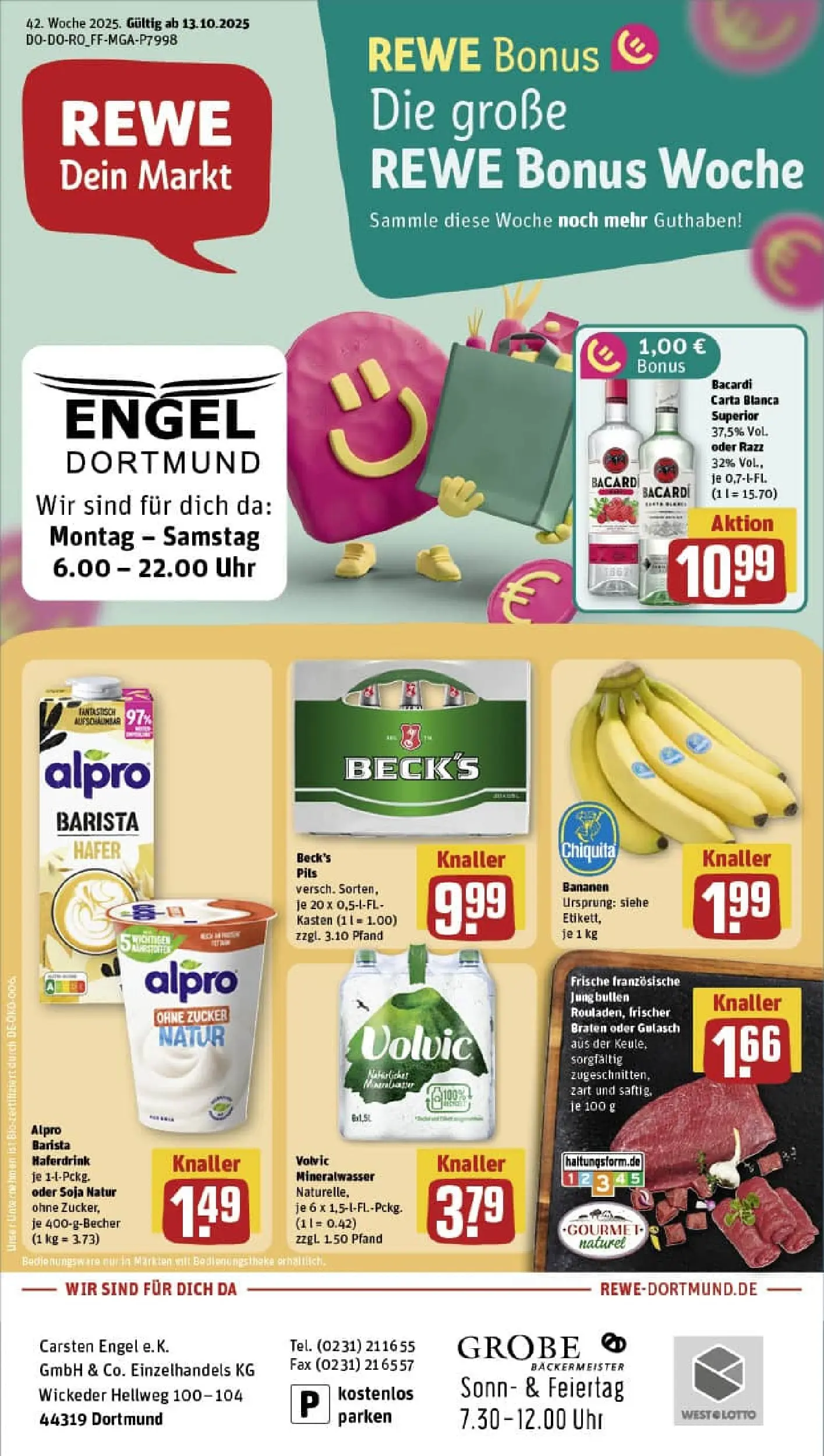 REWE Prospekt ab 13.10.2025 zum Blättern » Angebote | Seite: 1 | Produkte: Rum, Pils, Bananen, Volvic