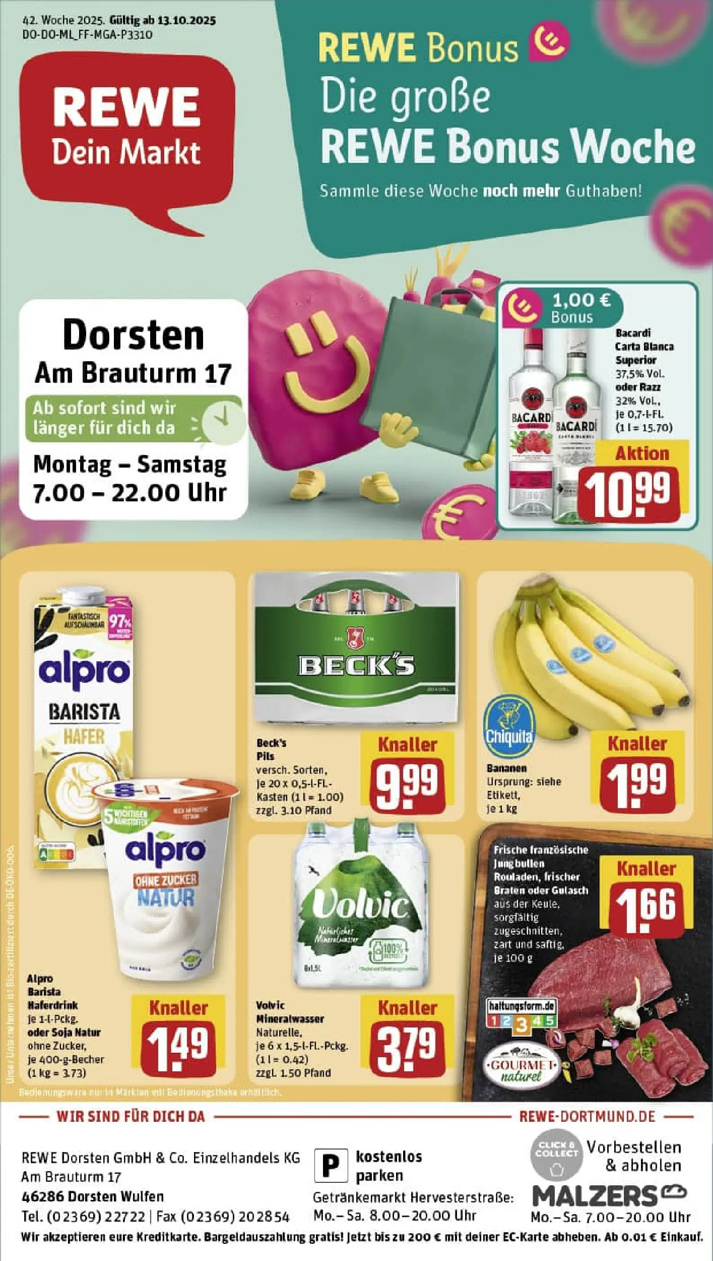 REWE Prospekt ab 13.10.2025 zum Blättern » Angebote | Seite: 1 | Produkte: Mineralwasser, Haferdrink, Alpro, Zucker