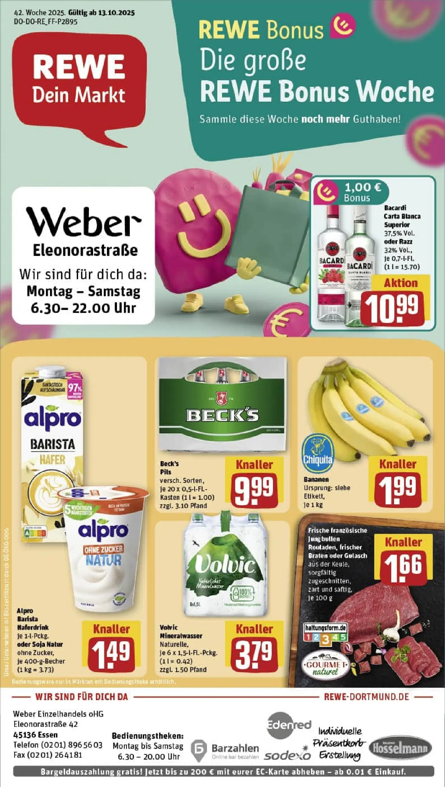 REWE Prospekt ab 13.10.2025 zum Blättern » Angebote | Seite: 1 | Produkte: Bananen, Haferdrink, Alpro, Uhr