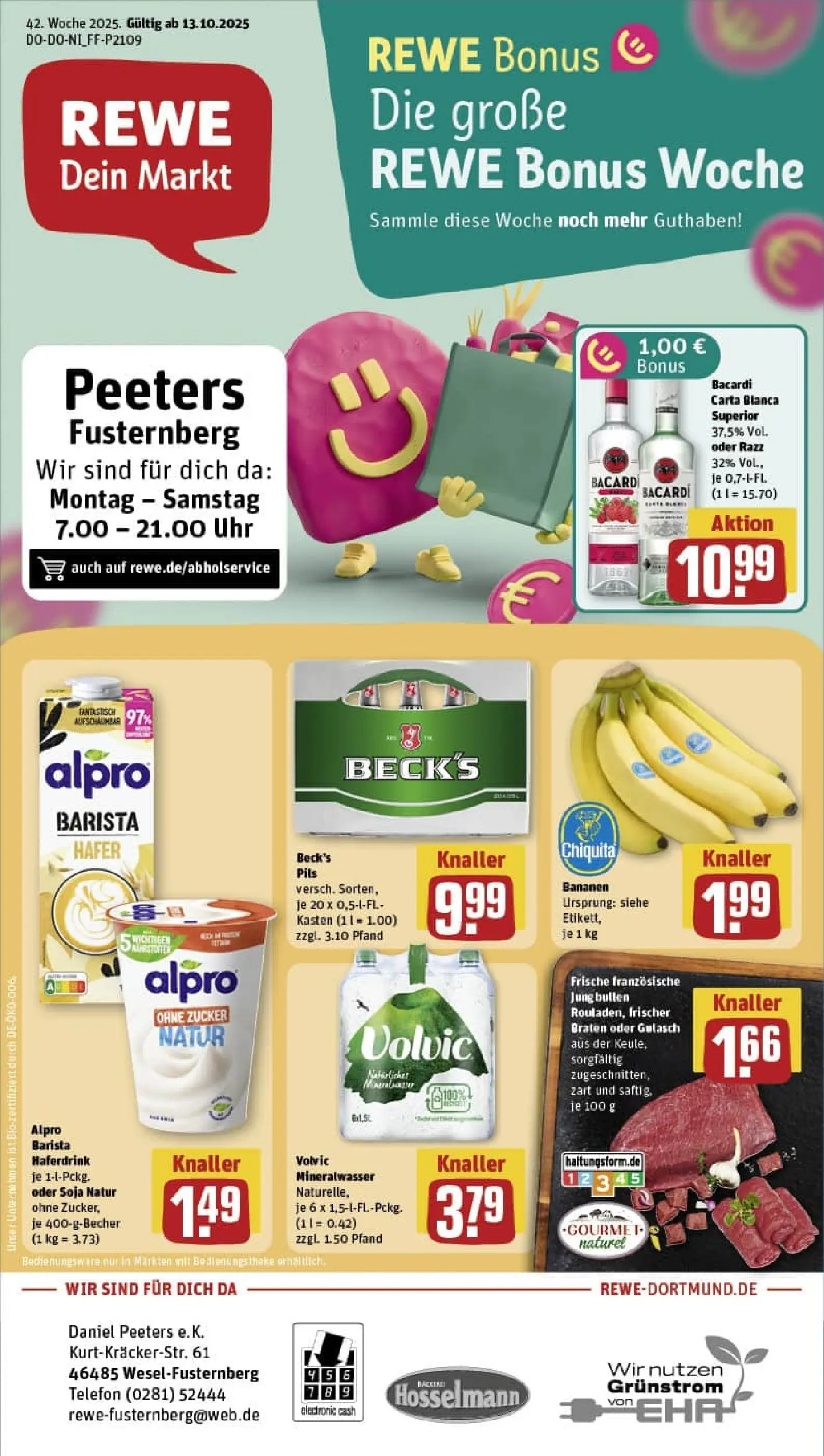 REWE Prospekt ab 13.10.2025 zum Blättern » Angebote | Seite: 1 | Produkte: Bacardi, Pils, Bananen, Alpro