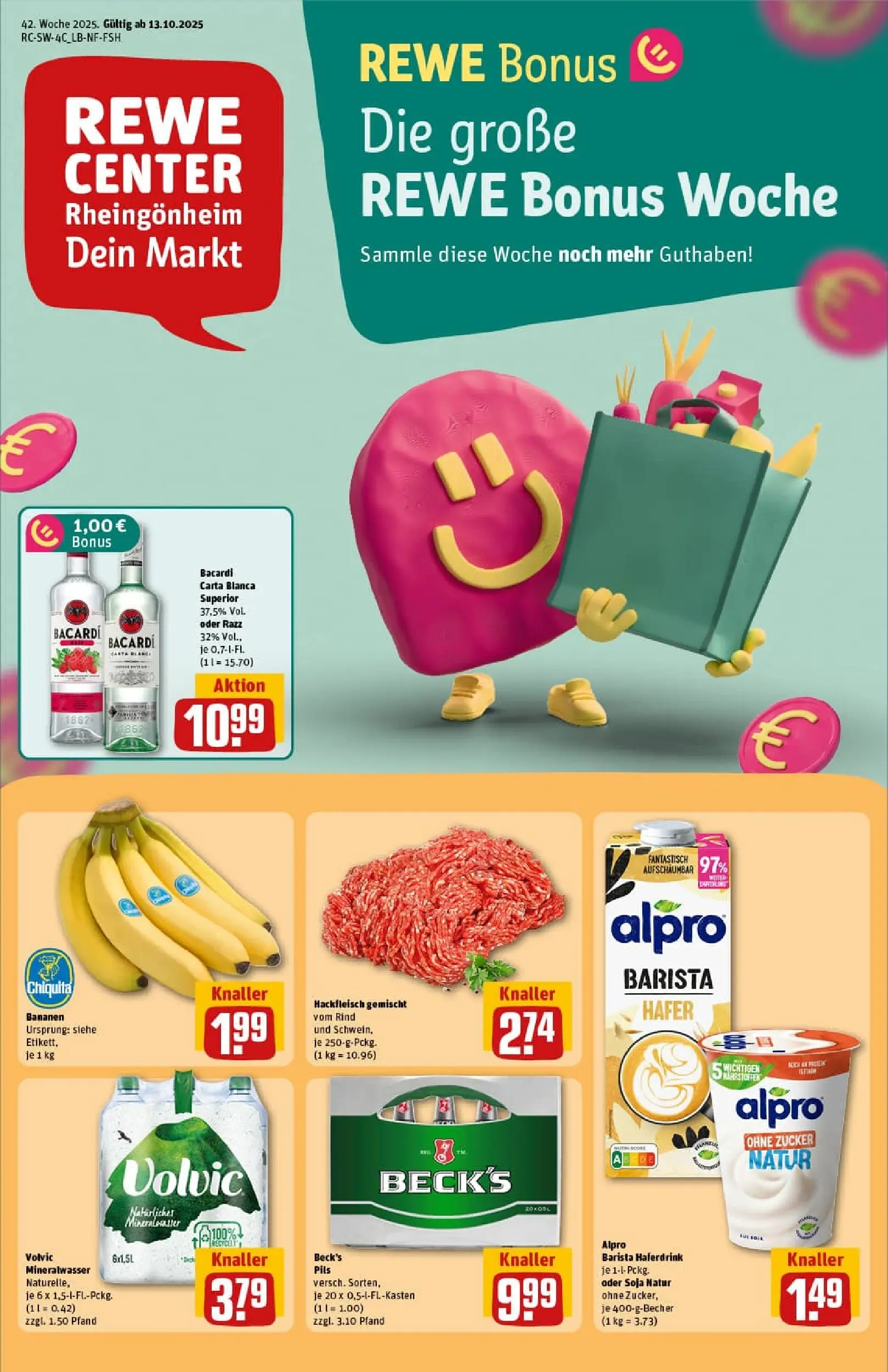 REWE Prospekt ab 13.10.2025 zum Blättern » Angebote | Seite: 1 | Produkte: Bacardi, Mineralwasser, Haferdrink, Hackfleisch