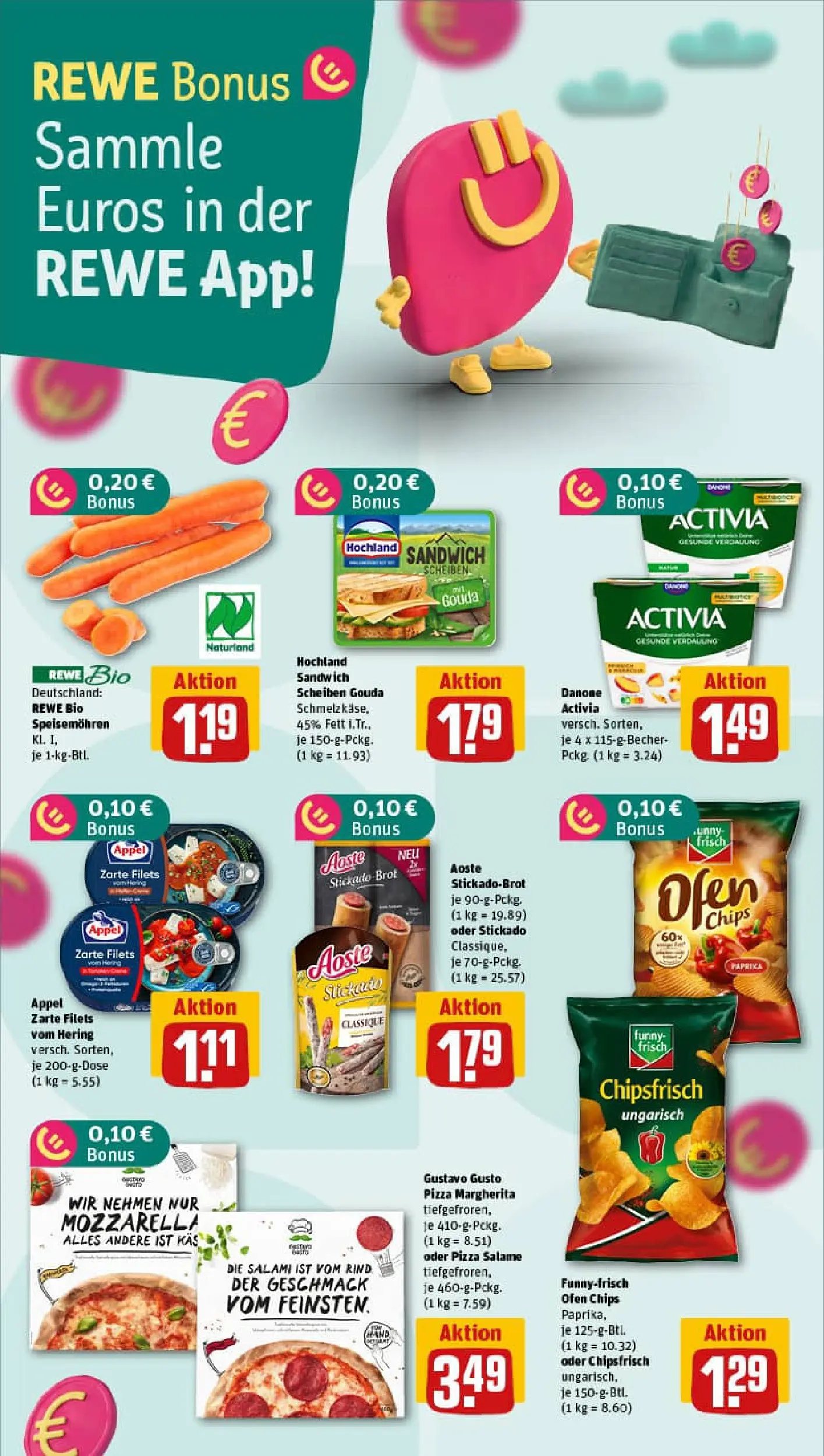 REWE Prospekt ab 13.10.2025 zum Blättern » Angebote | Seite: 4 | Produkte: Danone activia, Gouda, Pizza, Chips