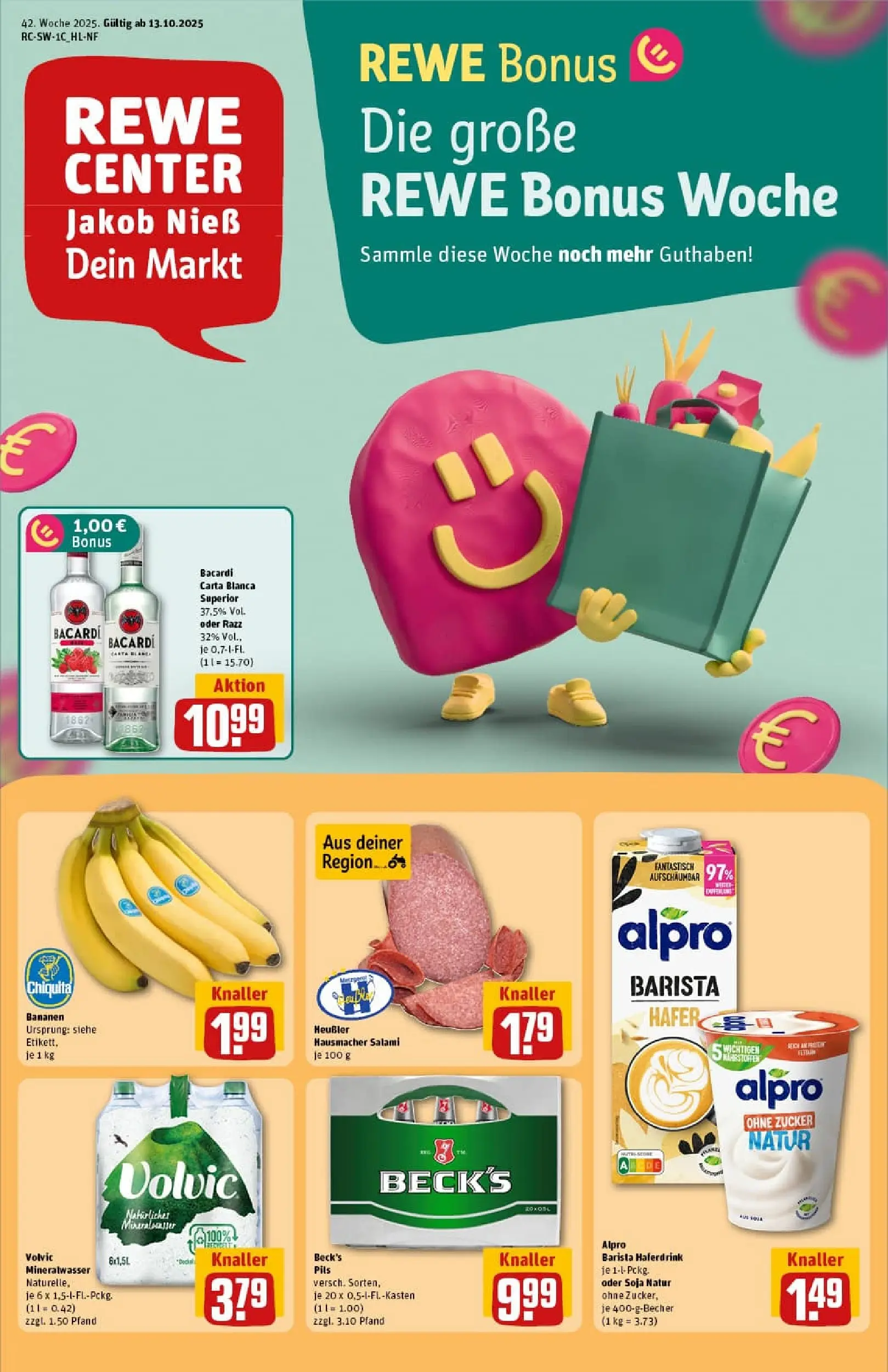 REWE Prospekt ab 13.10.2025 zum Blättern » Angebote | Seite: 1 | Produkte: Pils, Alpro, Salami, Volvic