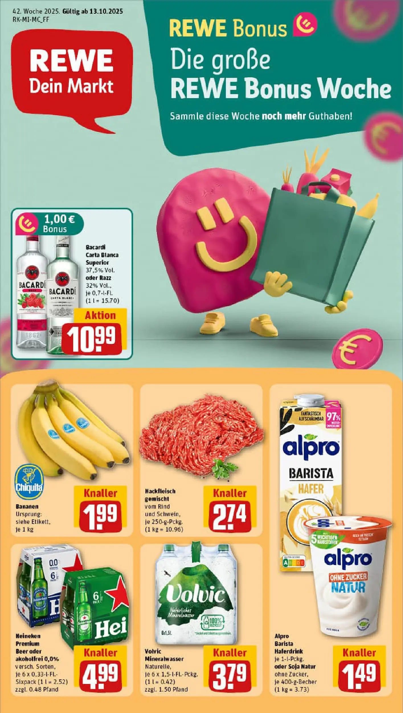 REWE Prospekt ab 13.10.2025 zum Blättern » Angebote | Seite: 1 | Produkte: Bananen, Heineken, Volvic, Hackfleisch